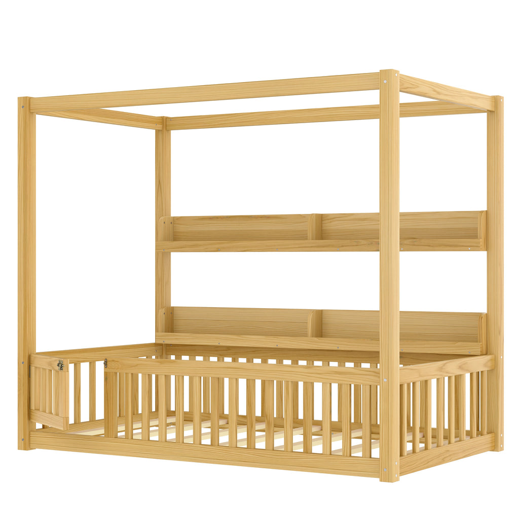Twin Size Canopy Bed with Guardrails, Solid Wood Floor Bed with Shelves, Montessori Floor Bed Frame for Kids, Boys, Girls, No Spring Box Needed, Natural