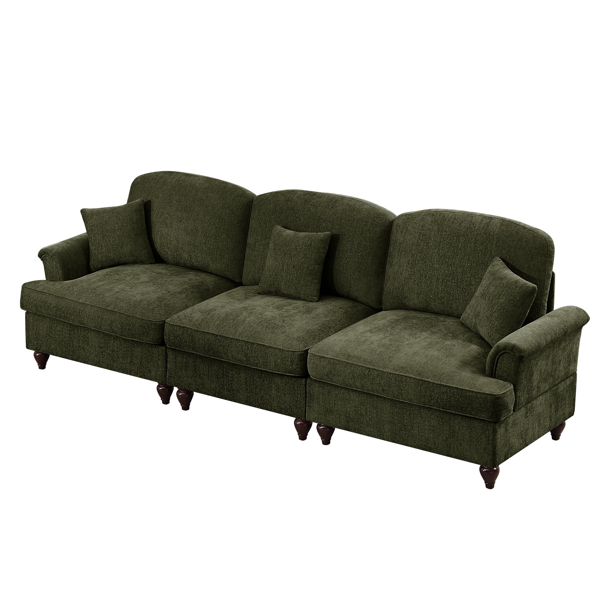 Elegant Mid Century Large 3 Seater Sofa Couch with Flared Arms and Removable Ruffles Pleats Skirts and Spindle Legs, Comfy Chenille Three-Seat Sofa for Living Room, Green