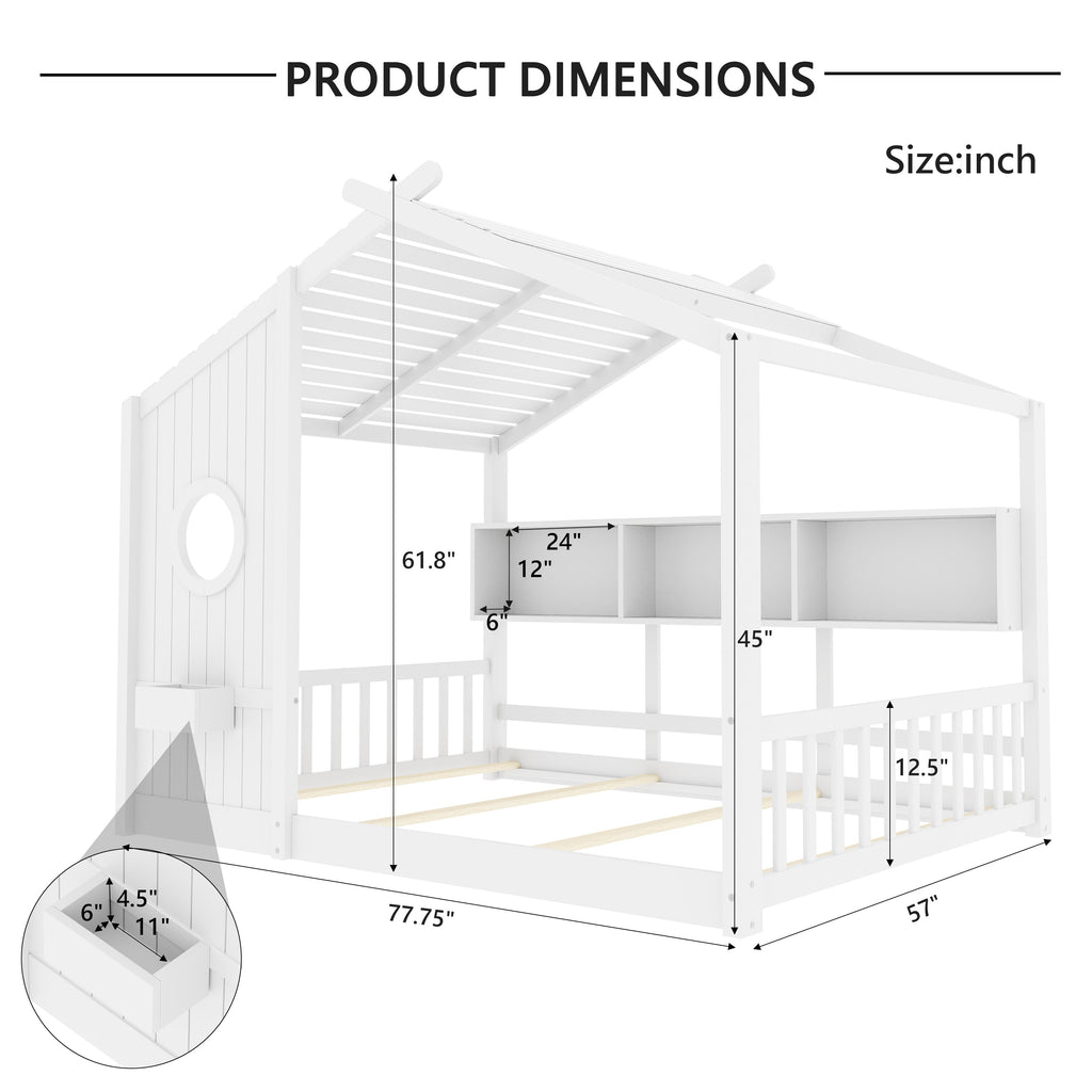 Full Size Floor House Bed for Toddler, Kids Montessori Bed  with Storage Shelf, Playhouse Bed with Roof Design, White