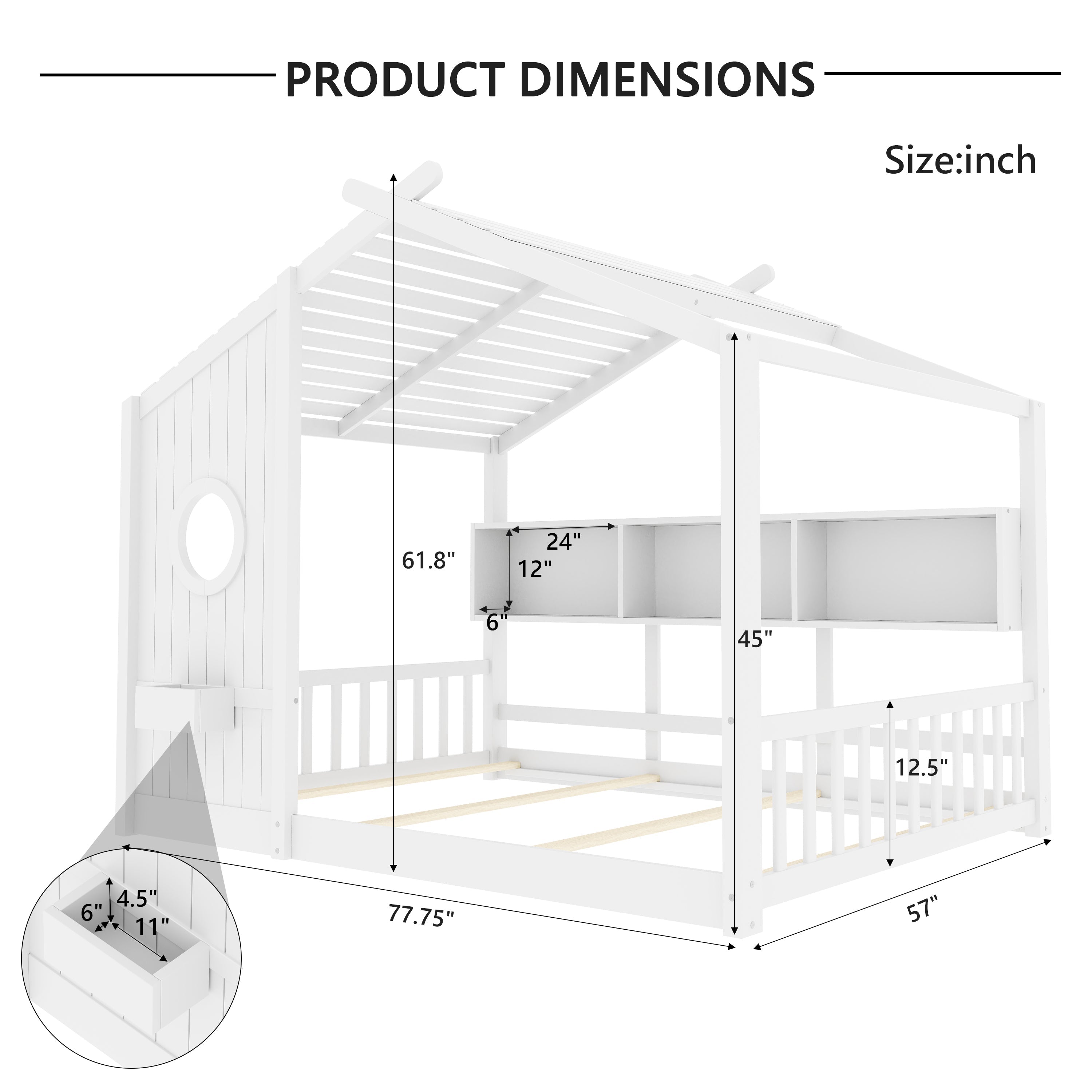Full Size Floor House Bed for Toddler, Kids Montessori Bed  with Storage Shelf, Playhouse Bed with Roof Design, White