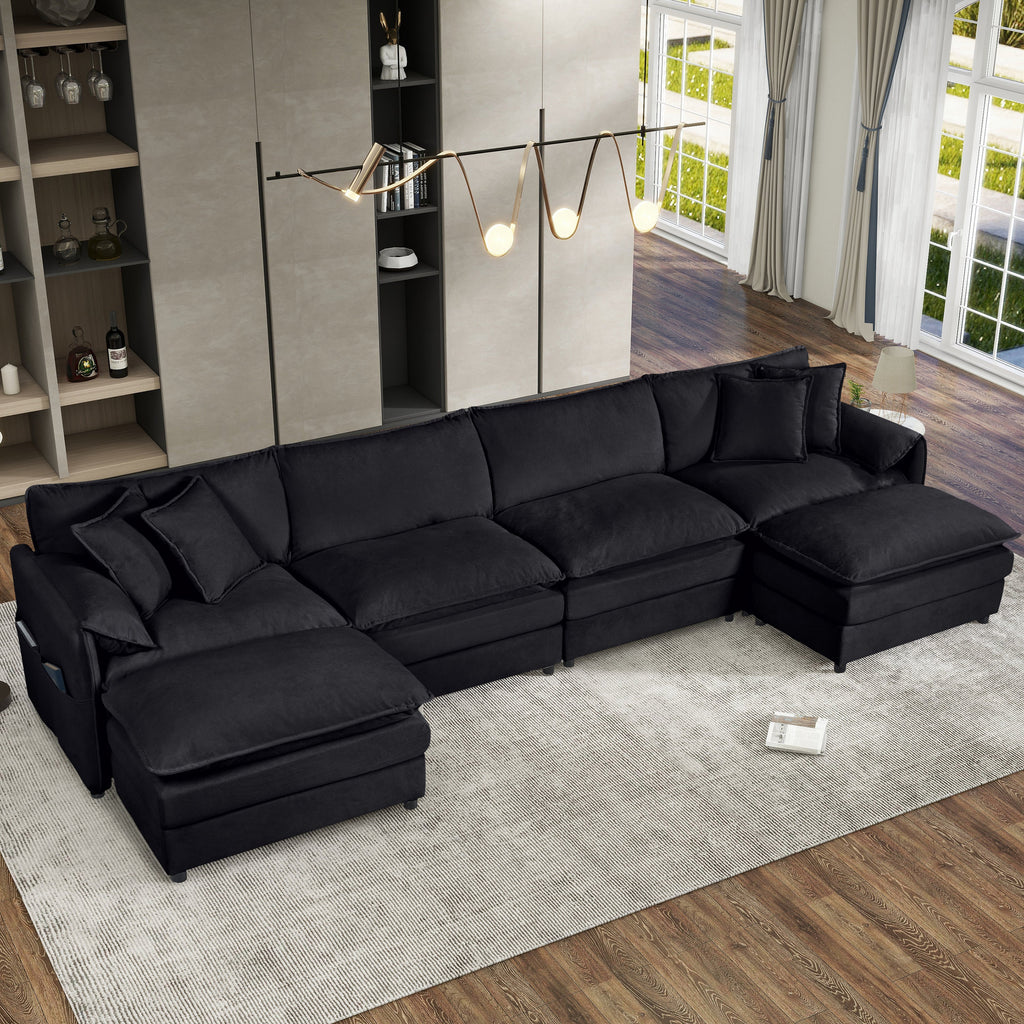 Modular Sectional Sofa, Oversized Deep Seat U Shaped Couch Set for Living Room, 4-Seater Comfy Cloud Couches with Two Movable Ottomans, DIY Combination, Chenille,Black