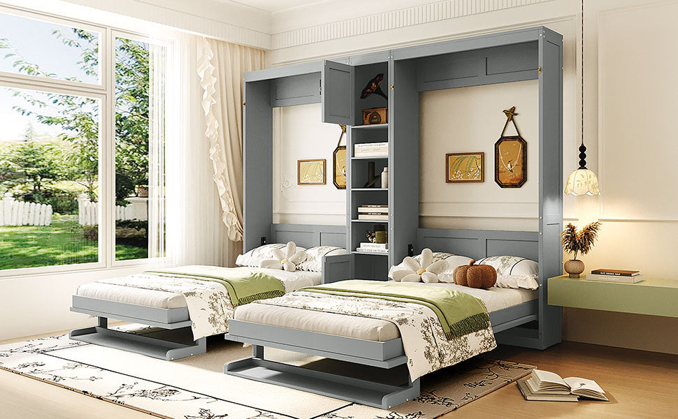 Dual Twin size Wall Murphy Beds with Cabinets and Shelves, Gray