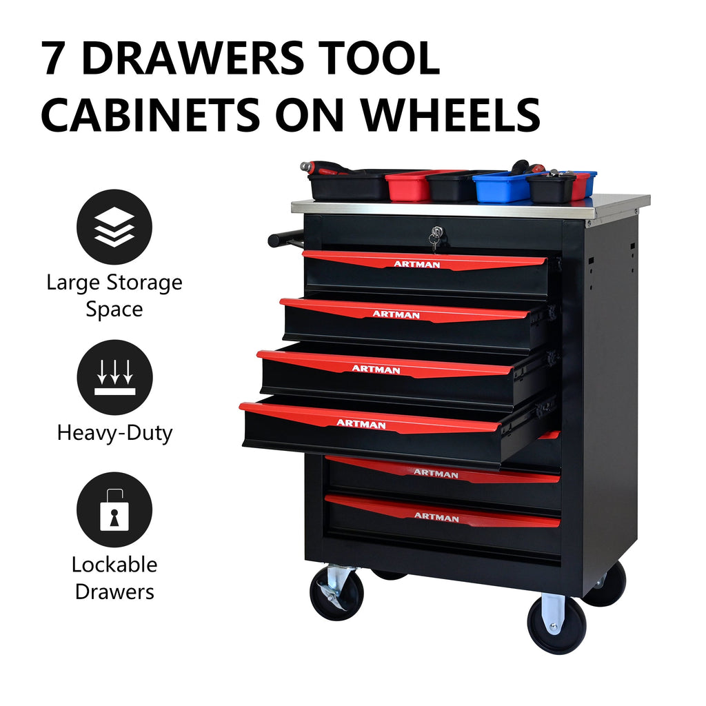 7-Drawer Multifunctional Tool Cart with Wheels, Metal Rolling Tool Cart Storage for Garage Workshop Warehouse Repair Shop - with Stainless Steel Roof - Black & Red