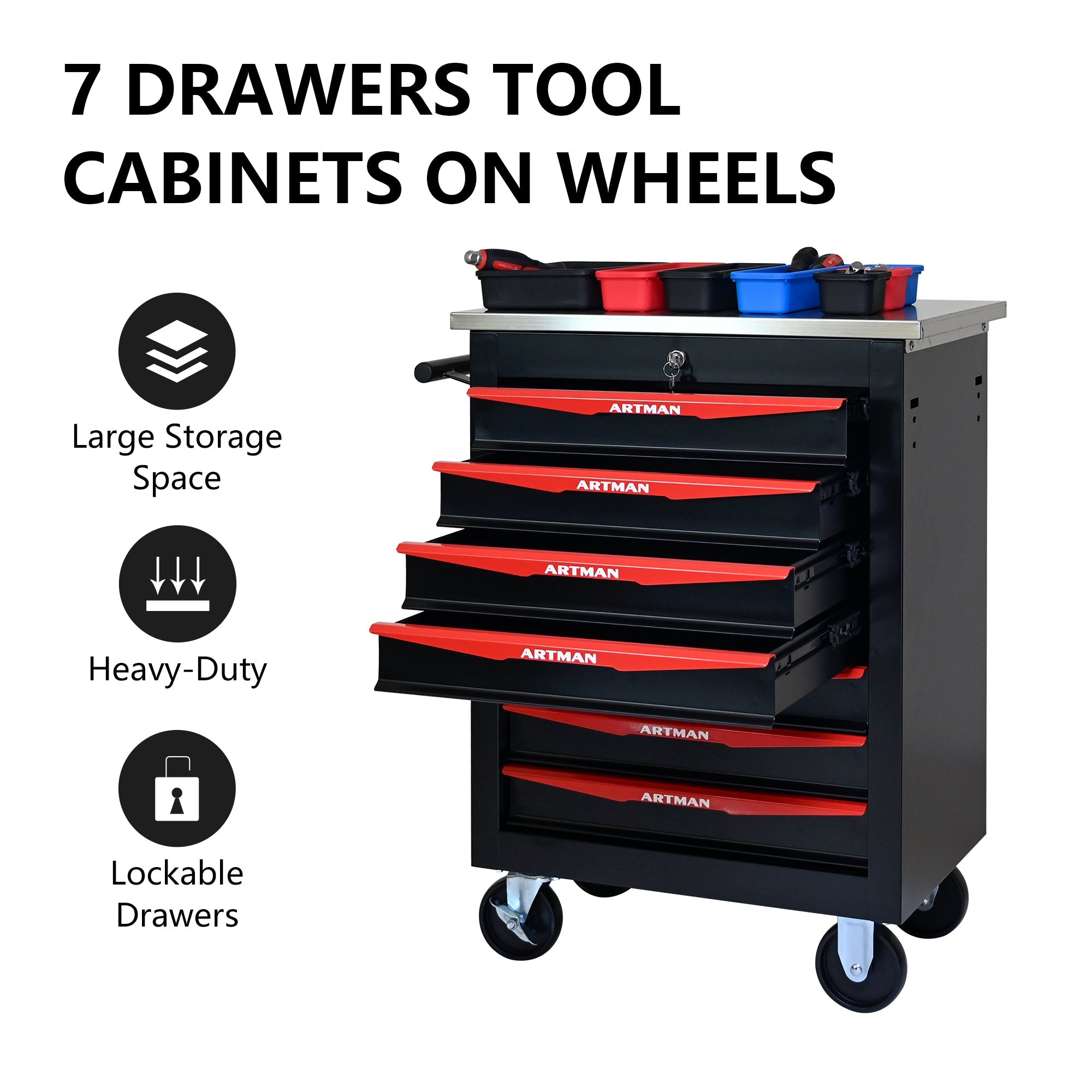 7-Drawer Multifunctional Tool Cart with Wheels, Metal Rolling Tool Cart Storage for Garage Workshop Warehouse Repair Shop - with Stainless Steel Roof - Black & Red