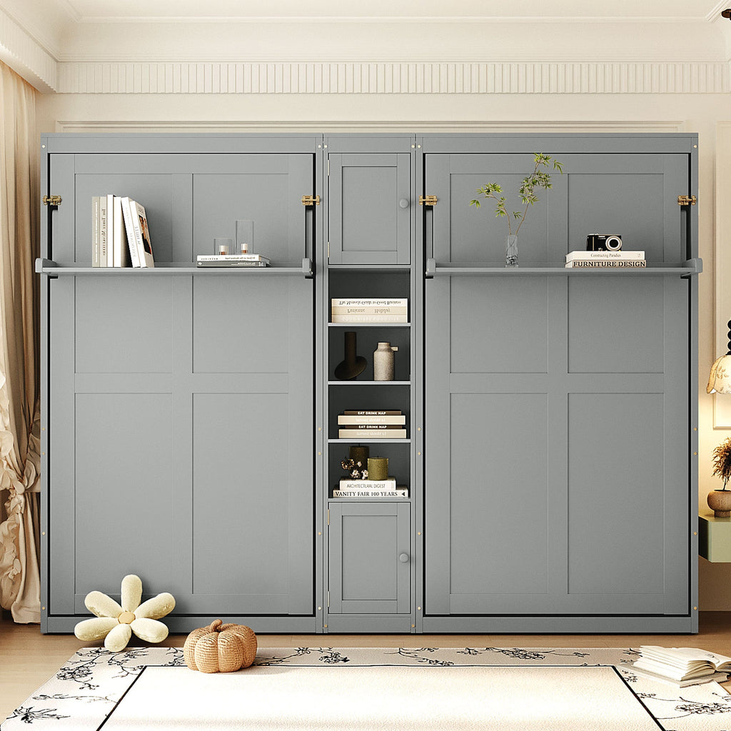 Dual Twin size Wall Murphy Beds with Cabinets and Shelves, Gray