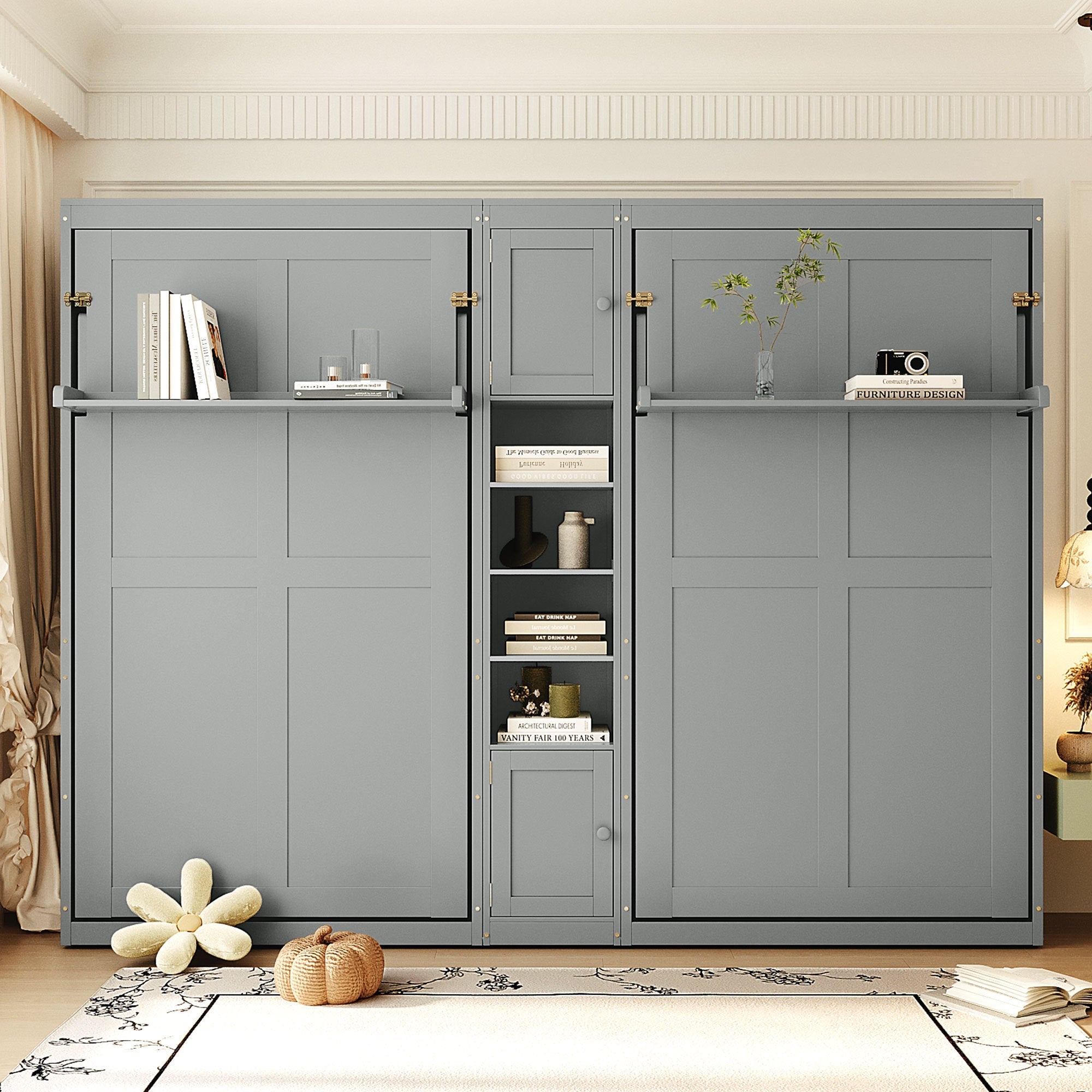 Dual Twin size Wall Murphy Beds with Cabinets and Shelves, Gray