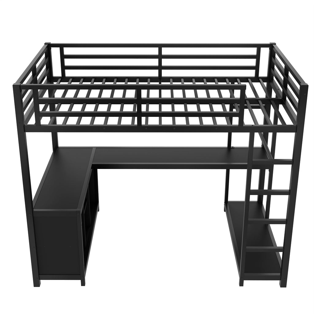 Metal Loft Bed with Wardrobe and L-shaped Desk, Twin Size Loft Bed with Storage Cubes and Shelves, Loft Bed for Kids Teens Adults, Black