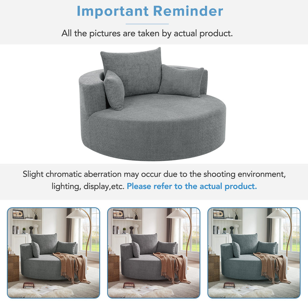 Modern Accent Swivel Barrel Chair with Removable Pillows, Grey Chenille, 56.3x56.3x35.5 in
