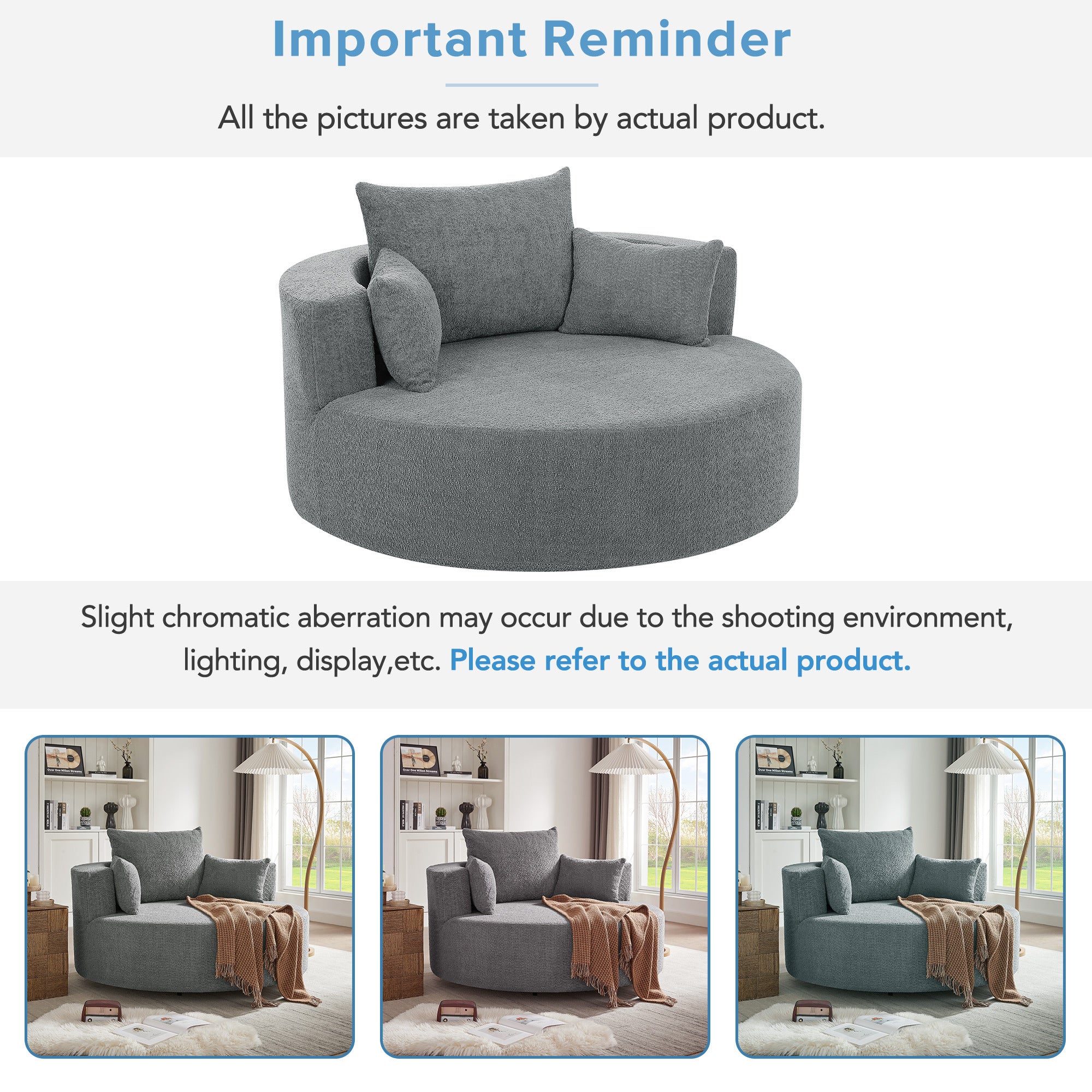 Modern Accent Swivel Barrel Chair with Removable Pillows, Grey Chenille, 56.3x56.3x35.5 in
