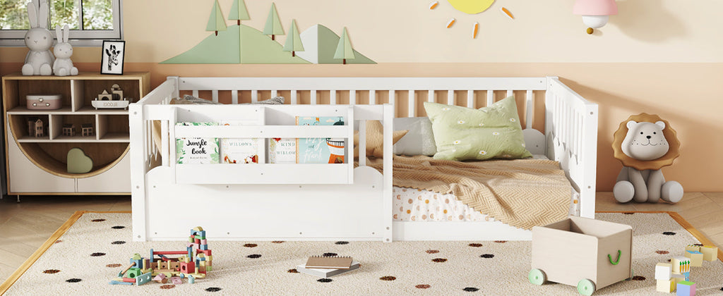 Twin Floor bed with Heightened Fence and bookshelf ,Wood Floor Bed for Kids, White.