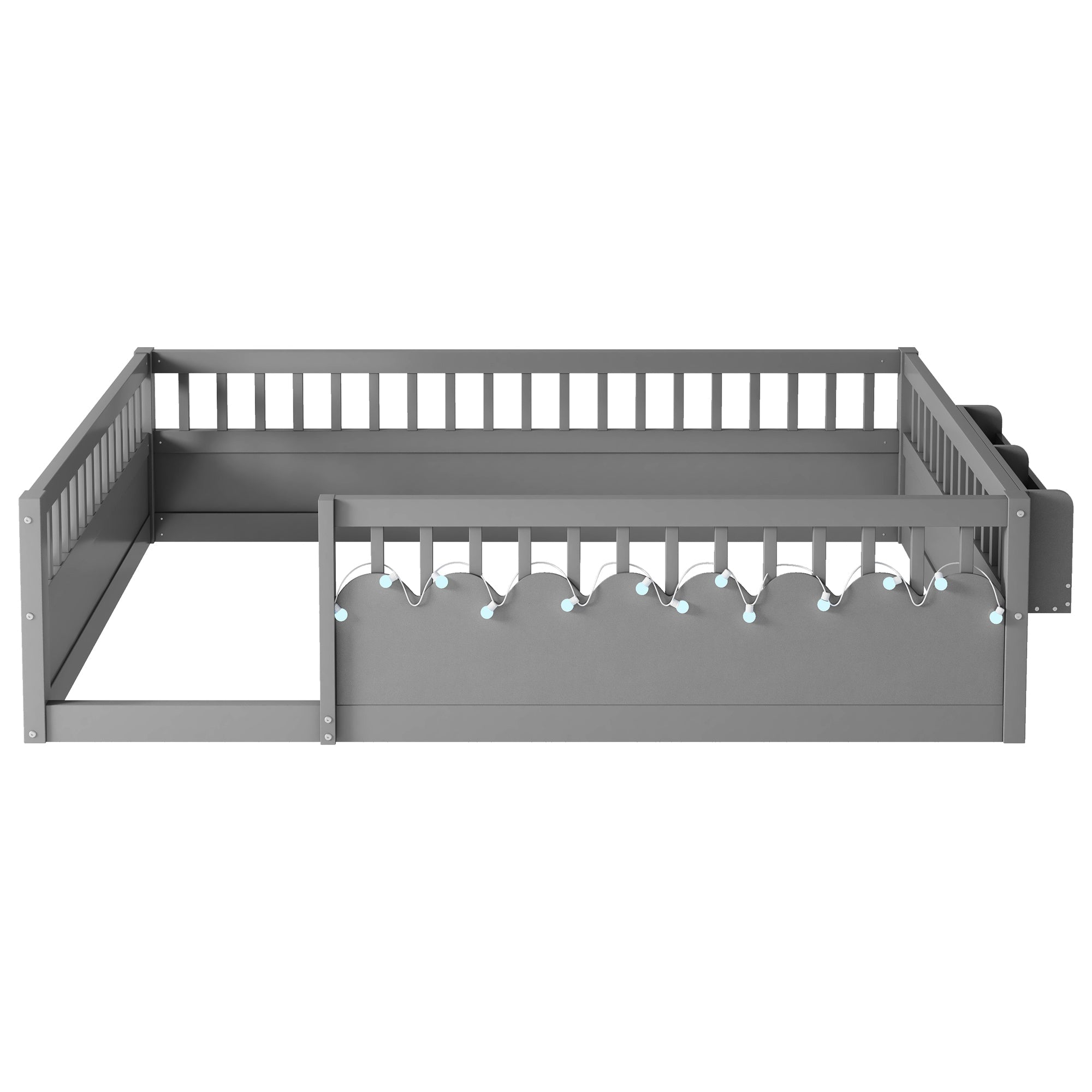 Full Montessori Floor Bed Frame with High Rails, Wood Kids Floor Beds with Light and Storage Shelf, Gray(Expect Arrival Date 2025/8/15)