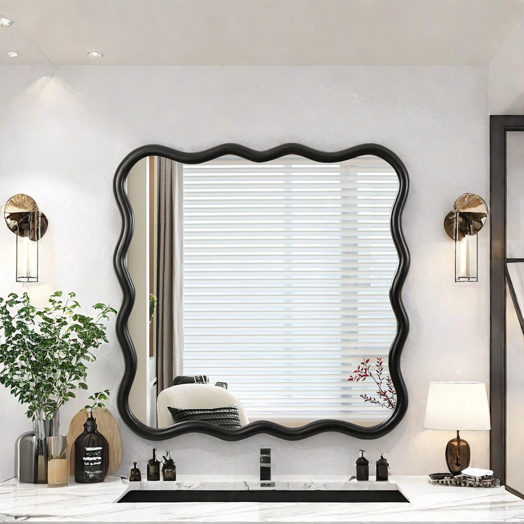 Solid Wood Wavy Square Mirror-Black 36' x 36' Modern Mirror Wall Decor for Bathroom, Bedroom, Living Room, Dining Room, Cloakroom, Entryway