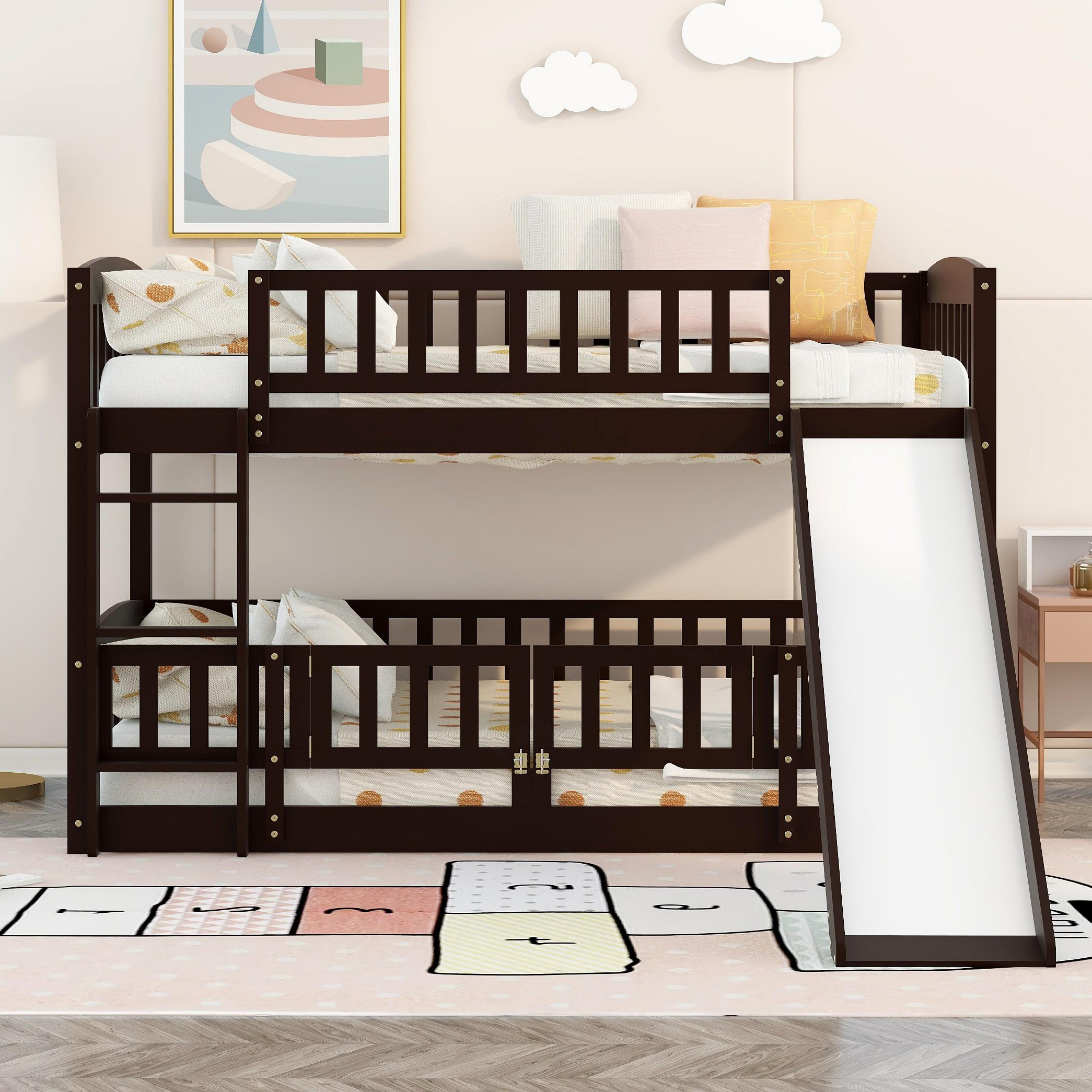 Bunk Bed with Slide,Twin Over Twin Low Bunk Bed with Fence and Ladder for Kids Teens Espresso
