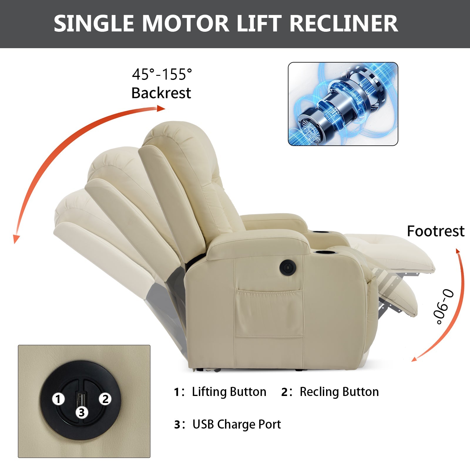 Beige PU Infinite Position Up to 350 LBS Power Lift Recliner Chair for Elderly, Heavy Duty Motion Mechanism with 8-Point Vibration Massage and Lumbar Heating, USB Charging Port, Cup Holders