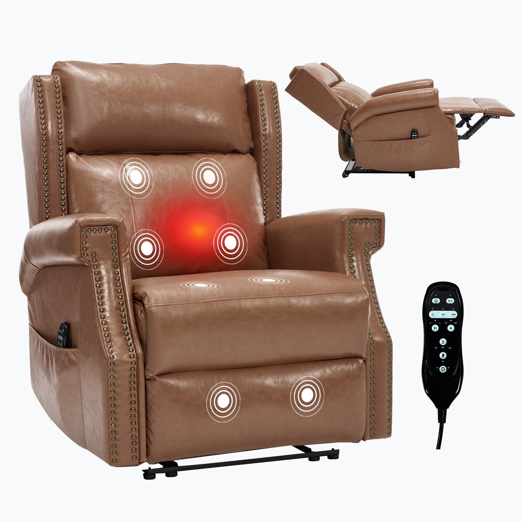 Camel Manual Recliner Chair in Faux Leather for Living Room with Heavy Duty Motion Mechanism, 8 vibrating nodes and 3 massage modes.