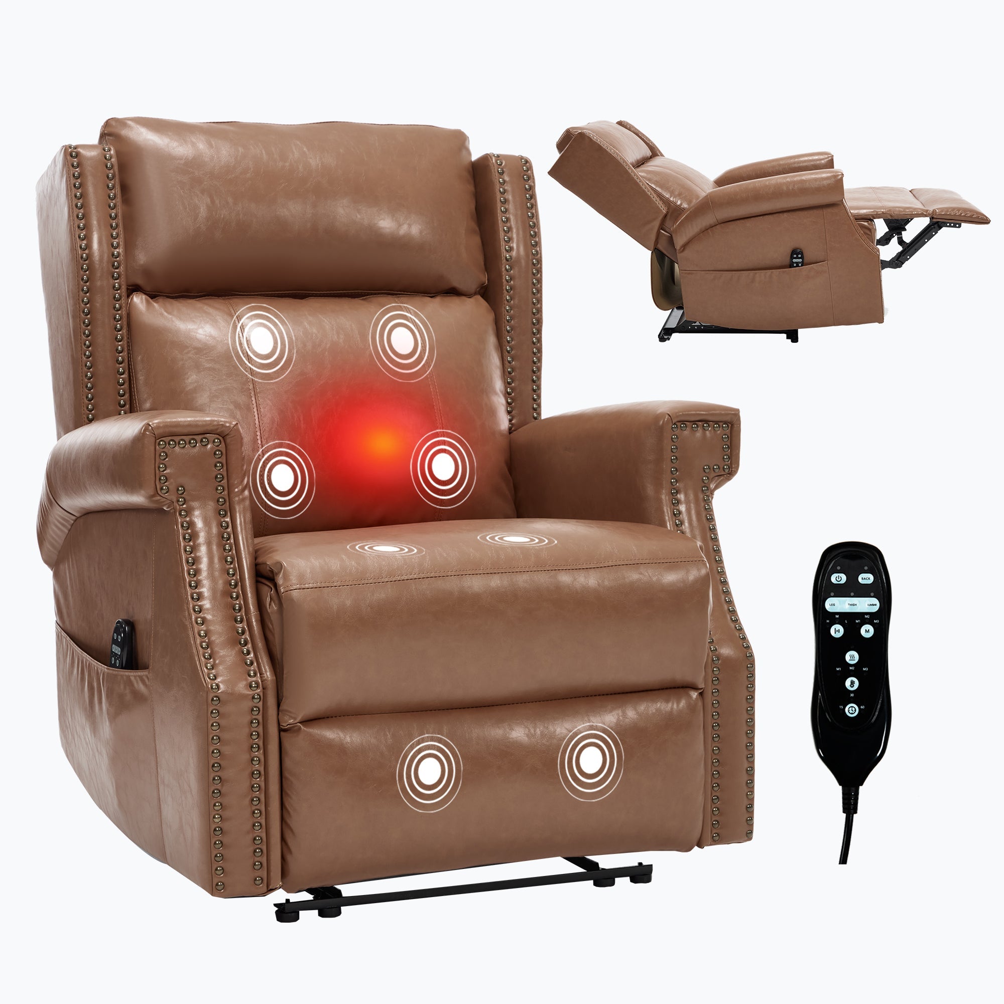 Camel Manual Recliner Chair in Faux Leather for Living Room with Heavy Duty Motion Mechanism, 8 vibrating nodes and 3 massage modes.