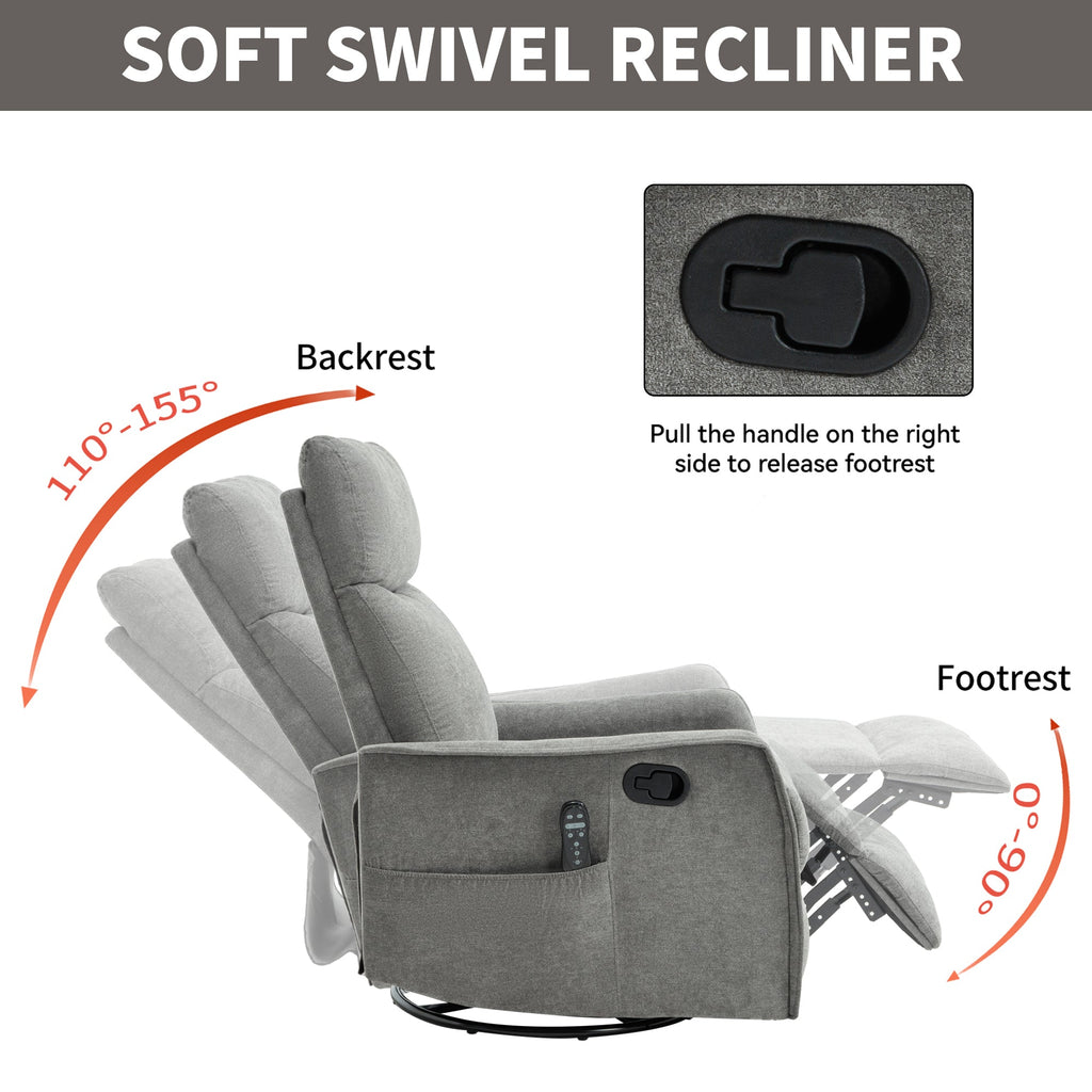 Heat Massage Manual Recliner Chair with Rocker and Swivel in Fabric for Living Room, Light Grey