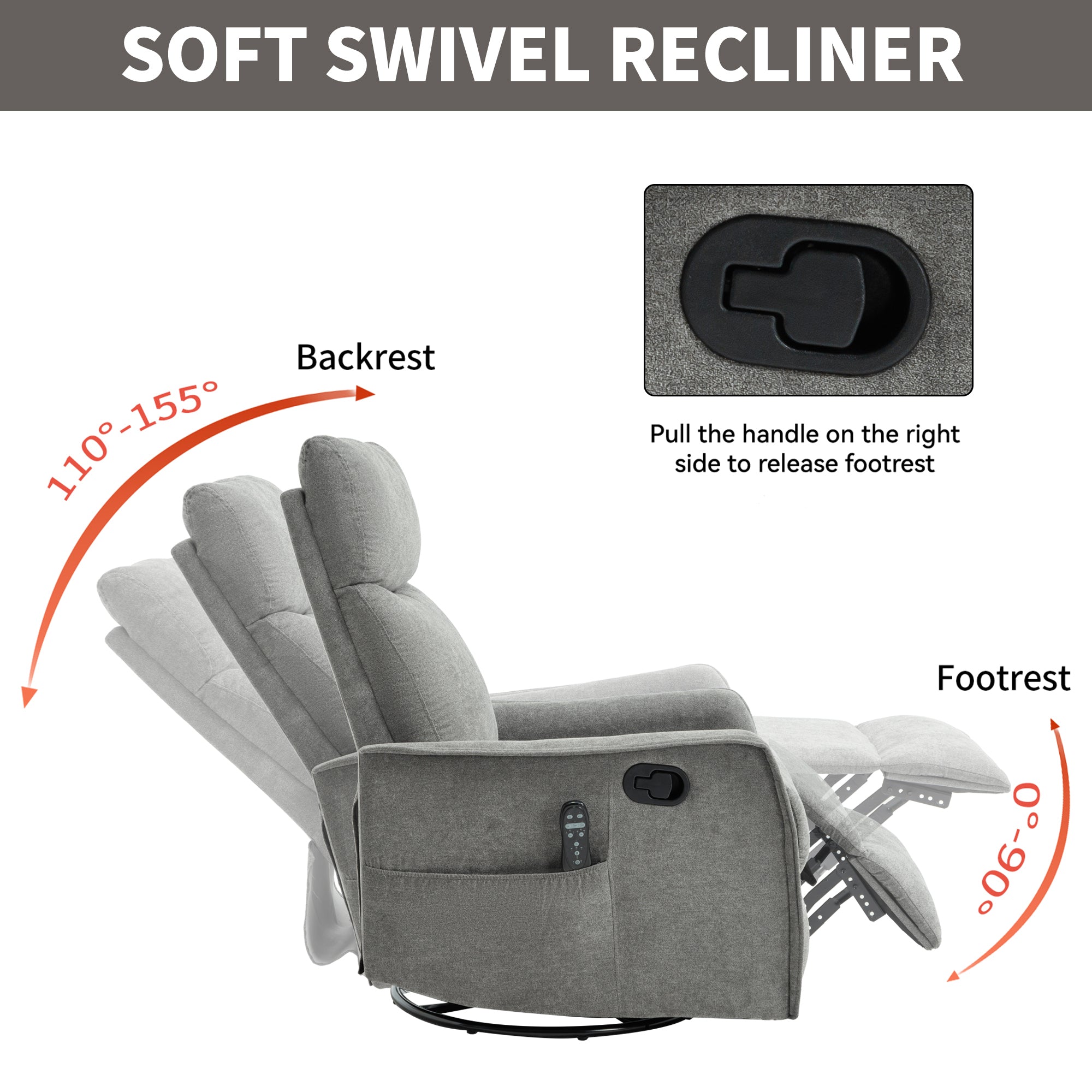 Heat Massage Manual Recliner Chair with Rocker and Swivel in Fabric for Living Room, Light Grey