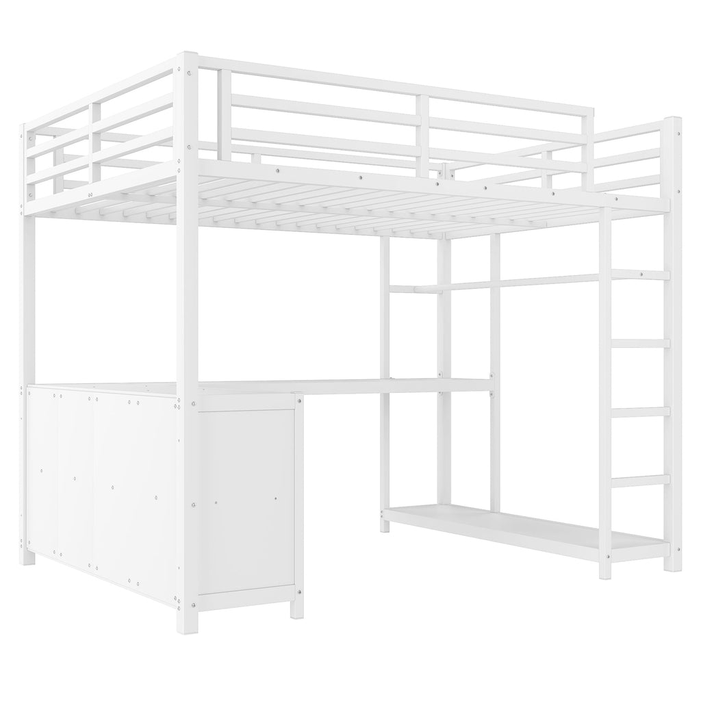 Metal Loft Bed with Wardrobe and L-shaped Desk, Full Size Loft Bed with Storage Cubes and Shelves, Loft Bed for Kids Teens Adults, White