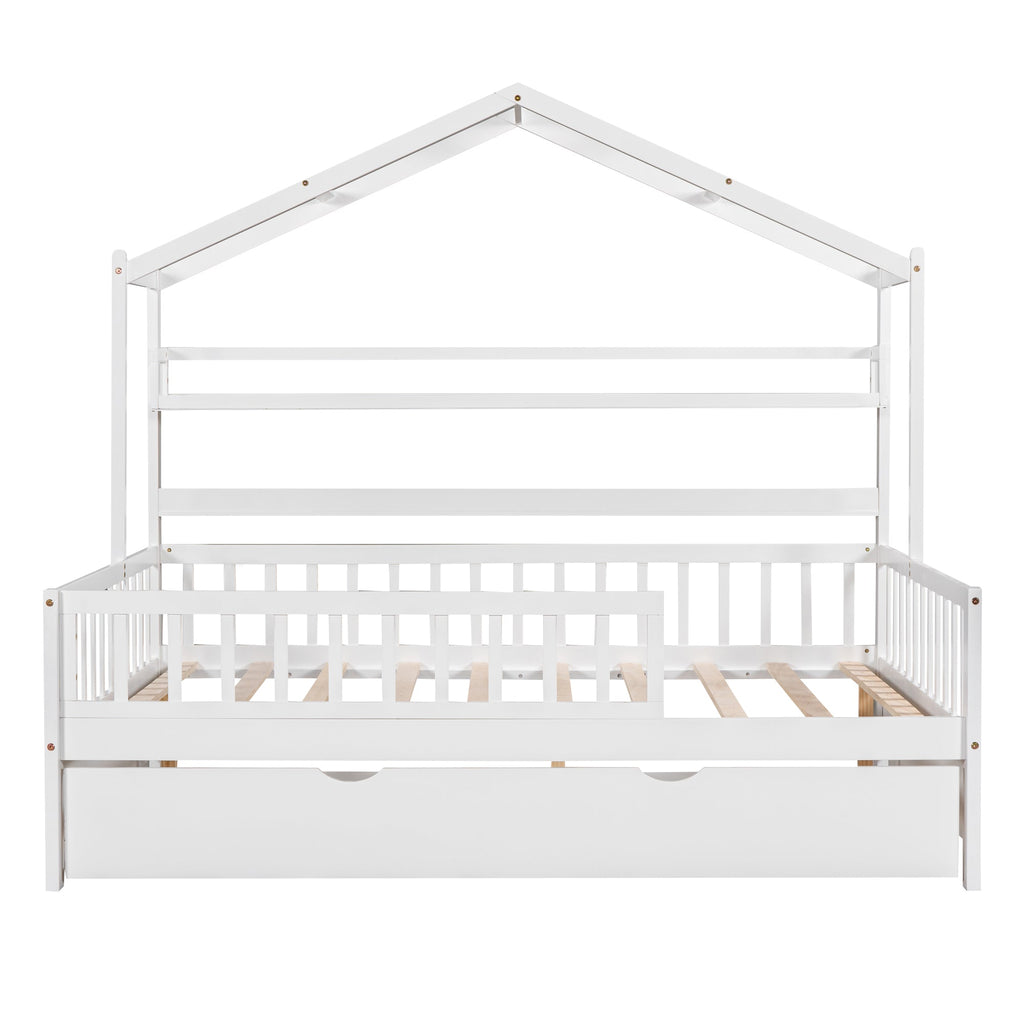 Wooden Full Size House Bed with Twin Size Trundle,Kids Bed with Shelf, White(Old SKU:WF301683AAK)