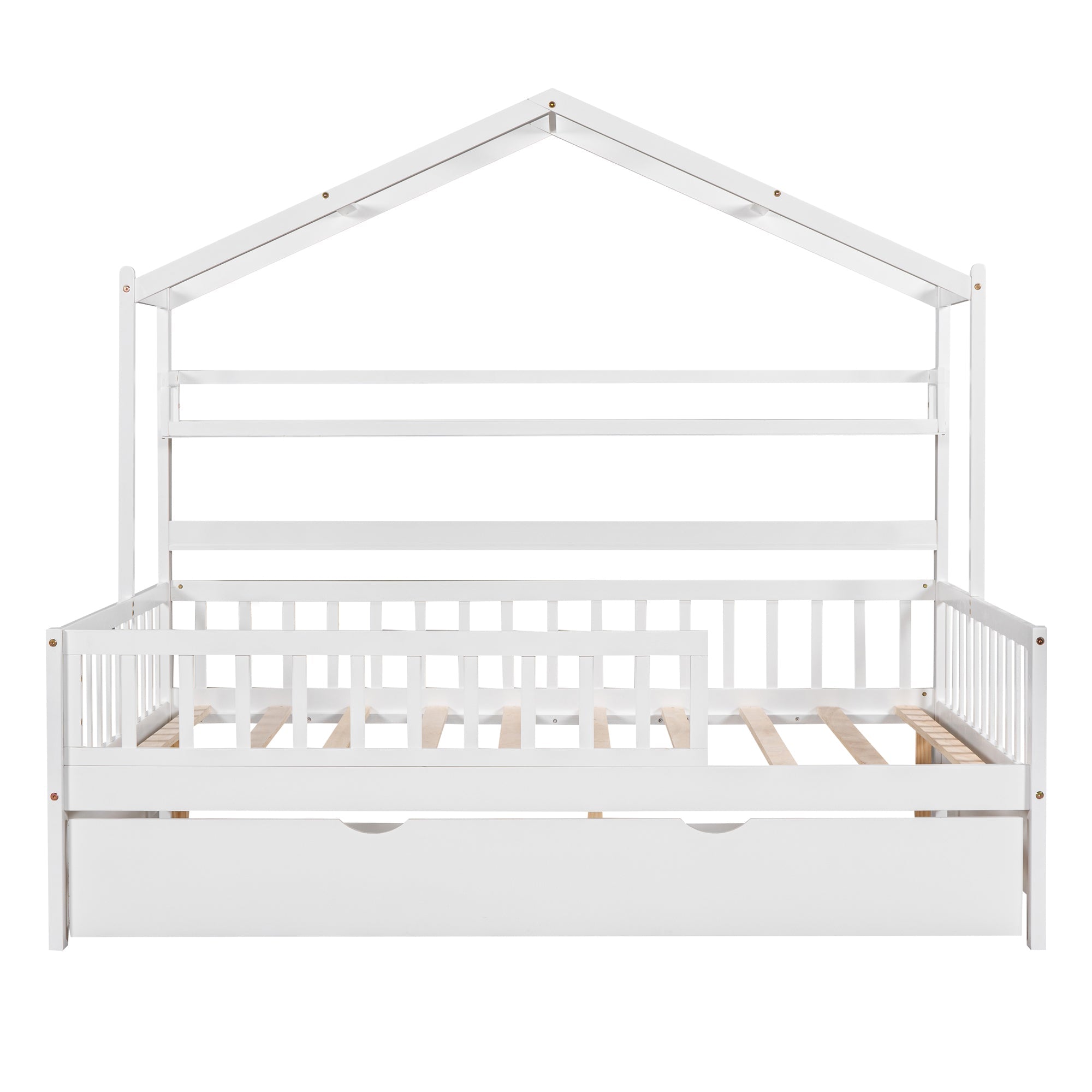 Wooden Full Size House Bed with Twin Size Trundle,Kids Bed with Shelf, White(Old SKU:WF301683AAK)