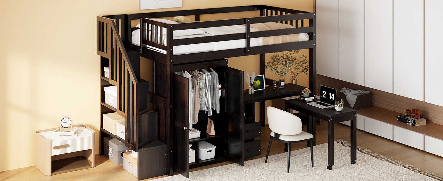 Twin Size Loft Bed with Stairs, Bookshelf, Drawers, Desk & Wardrobe – Space-Saving Multifunctional Furniture for Kids & Teens-Espresso