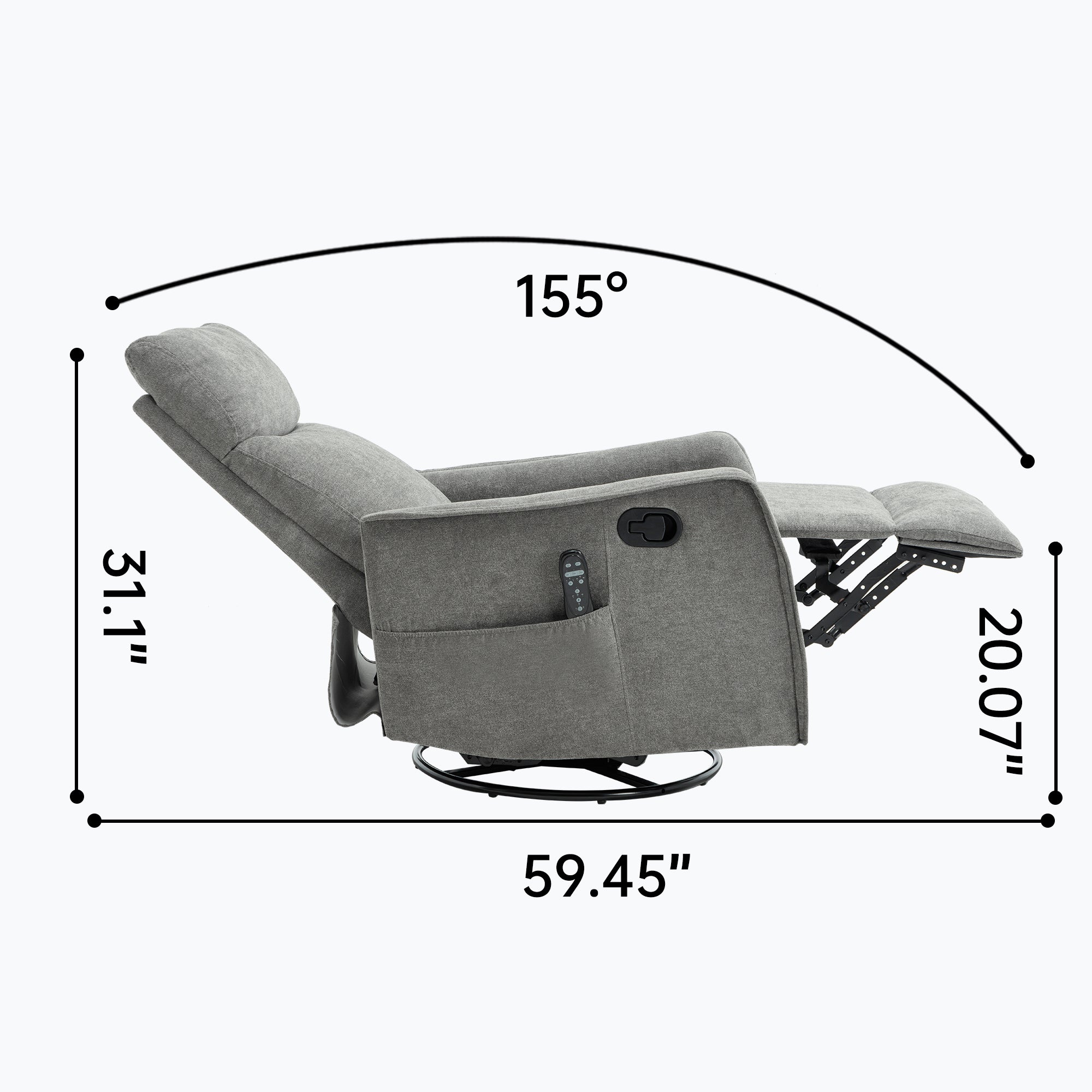 Heat Massage Manual Recliner Chair with Rocker and Swivel in Fabric for Living Room, Light Grey