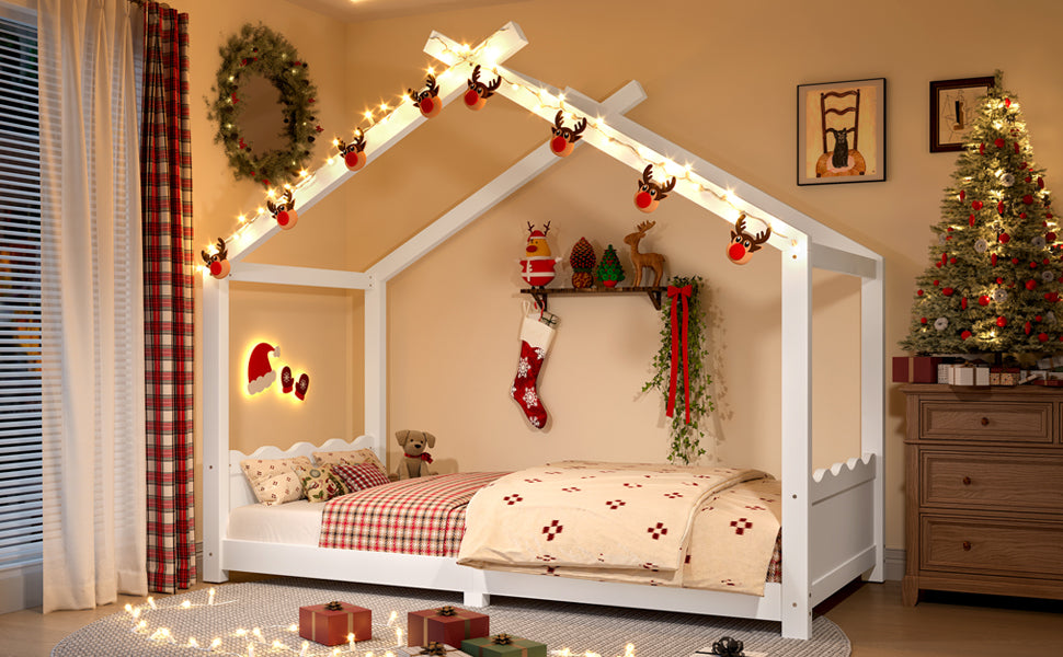 Twin House Floor Bed with Support Slats, Solid Wood House Bed Frame for Kids, No Box Spring Needed and Opening Constructure, White