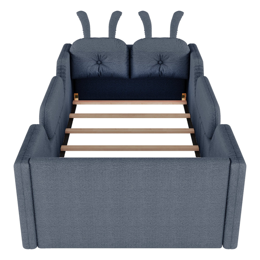 Twin Size Upholstered Platform Bed with Rabbit Cushion, Kids Floor Upholstered Bed with Removable Side Rails, Gray(Expect Arrival Date 2025/1/15)