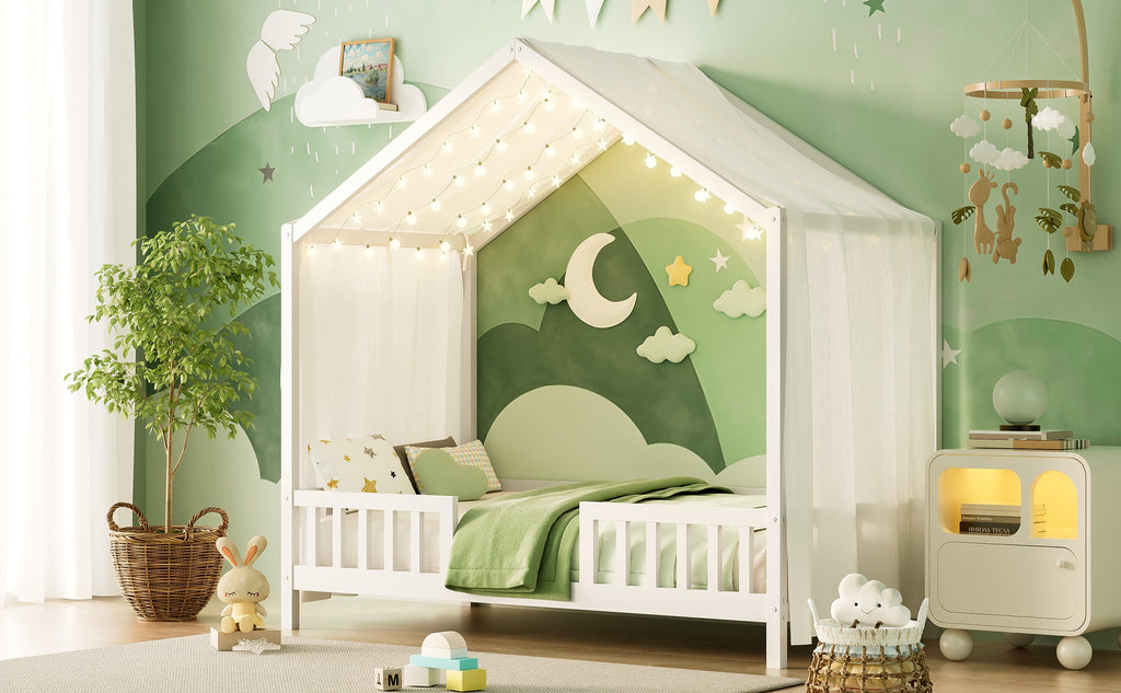 Montessori Floor Bed with Canopy, Twin Bed Frame for Kids, House Shape Kids Bed Frame with High Railings, Wood Kids Bed with Roof, Kid Twin Bed, White