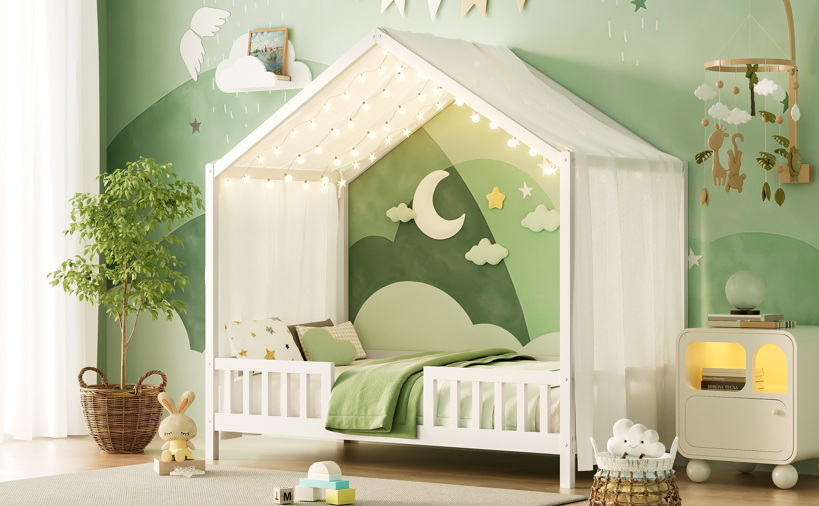 Montessori Floor Bed with Canopy, Twin Bed Frame for Kids, House Shape Kids Bed Frame with High Railings, Wood Kids Bed with Roof, Kid Twin Bed, White