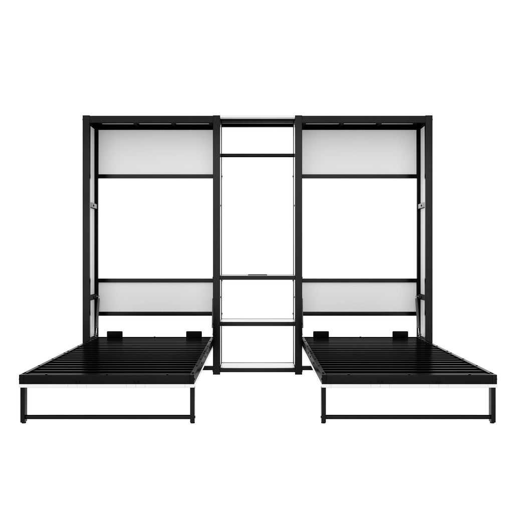 Twin and Twin Murphy Bed, Metal Foldable Murphy Bed with Wardrobe, Shelves and Power Outlets, 2 in 1 Design, Space-saving, White