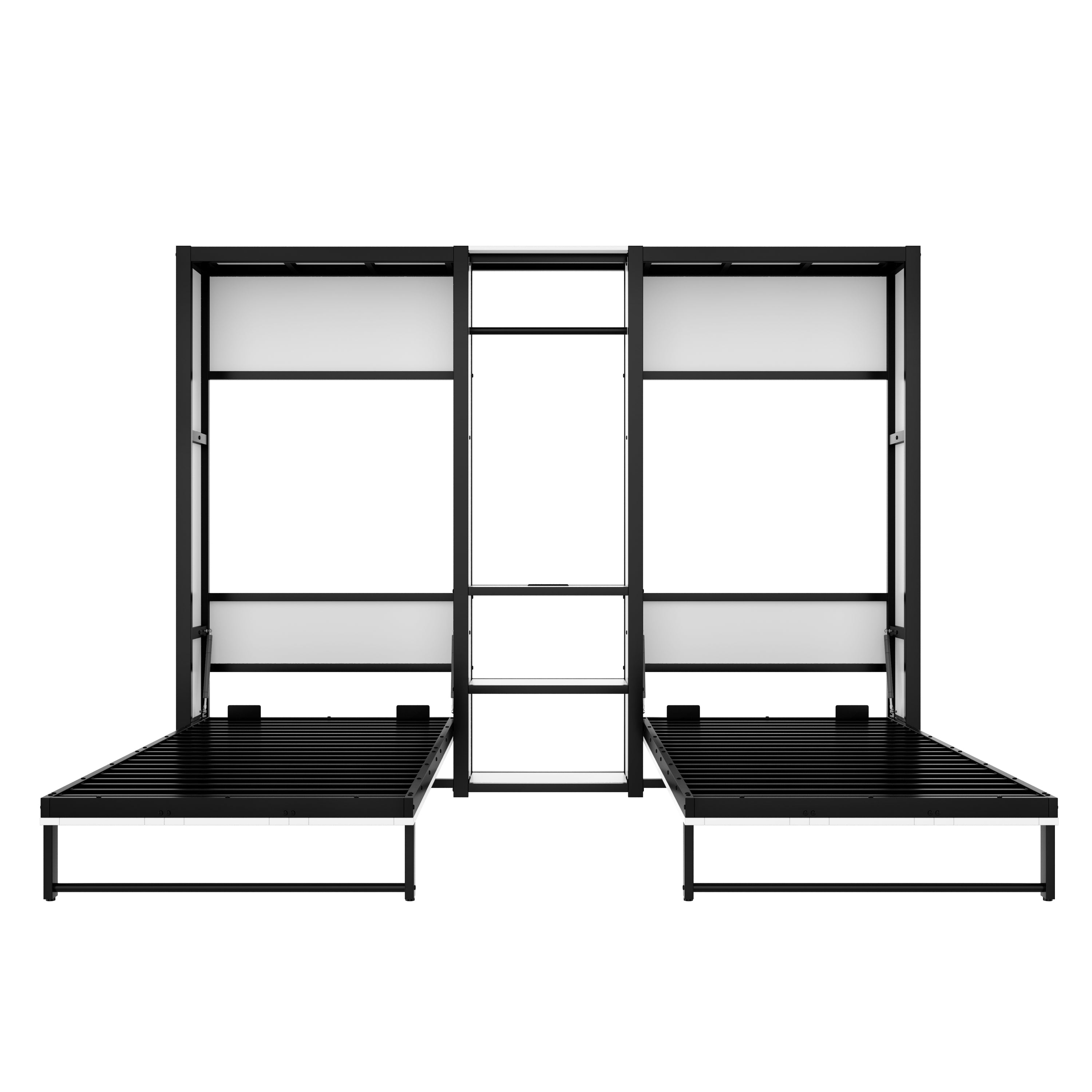 Twin and Twin Murphy Bed, Metal Foldable Murphy Bed with Wardrobe, Shelves and Power Outlets, 2 in 1 Design, Space-saving, White