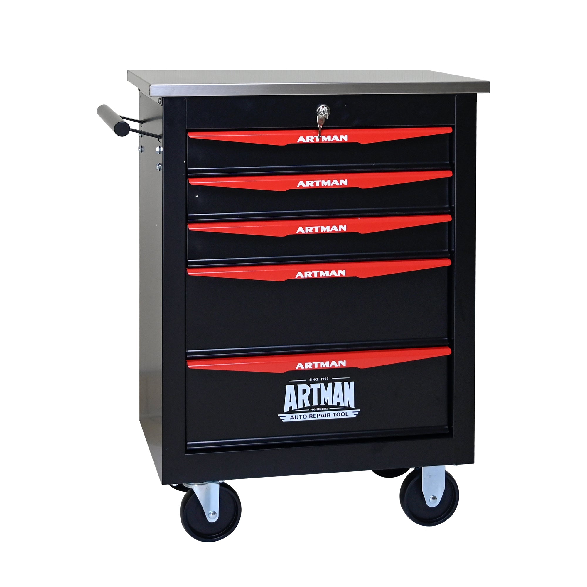 5-Drawer Multifunctional Tool Cart with Wheels, Metal Rolling Tool Cart Storage for Garage Workshop Warehouse Repair Shop - with Stainless Steel Roof - Black & Red