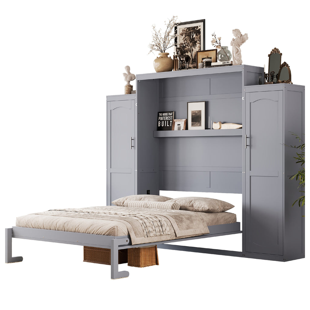 Queen Size Murphy Bed, Wooden Queen Wall Bed with 2 Wardrobe and Storage Shelf, Multifunctional Foldable Platform Bedframe for Guest-Room, Bedroom, Gray