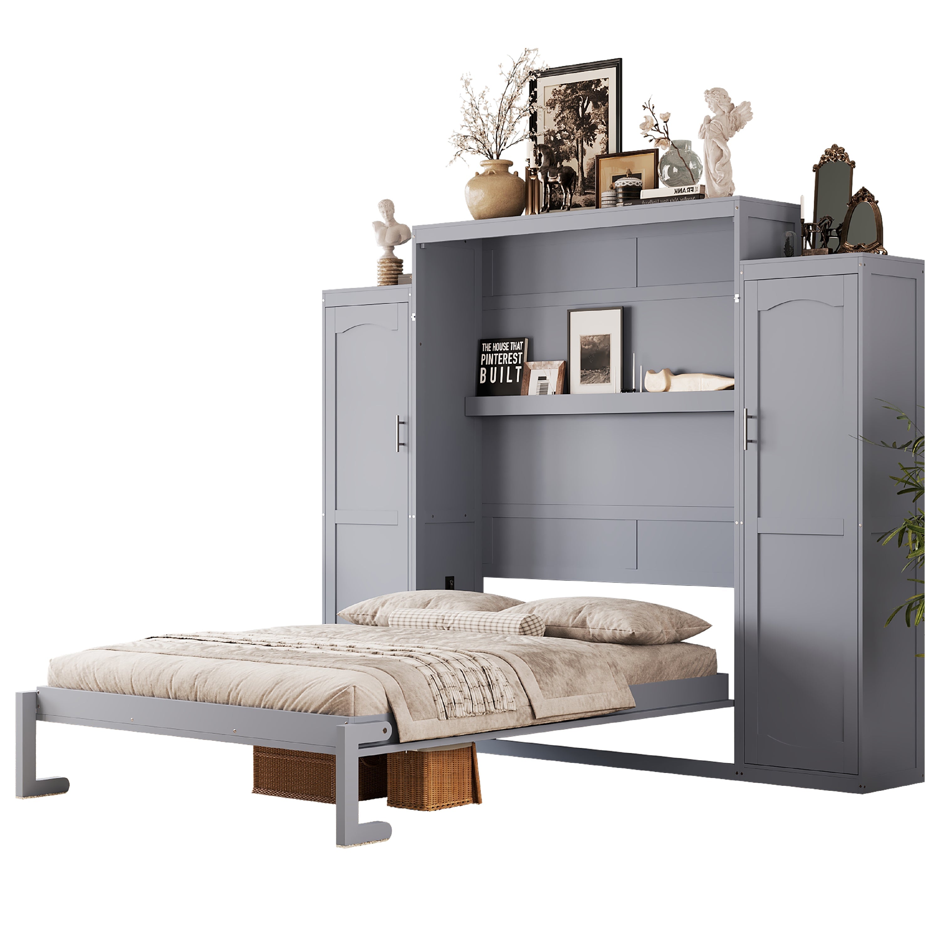 Queen Size Murphy Bed, Wooden Queen Wall Bed with 2 Wardrobe and Storage Shelf, Multifunctional Foldable Platform Bedframe for Guest-Room, Bedroom, Gray