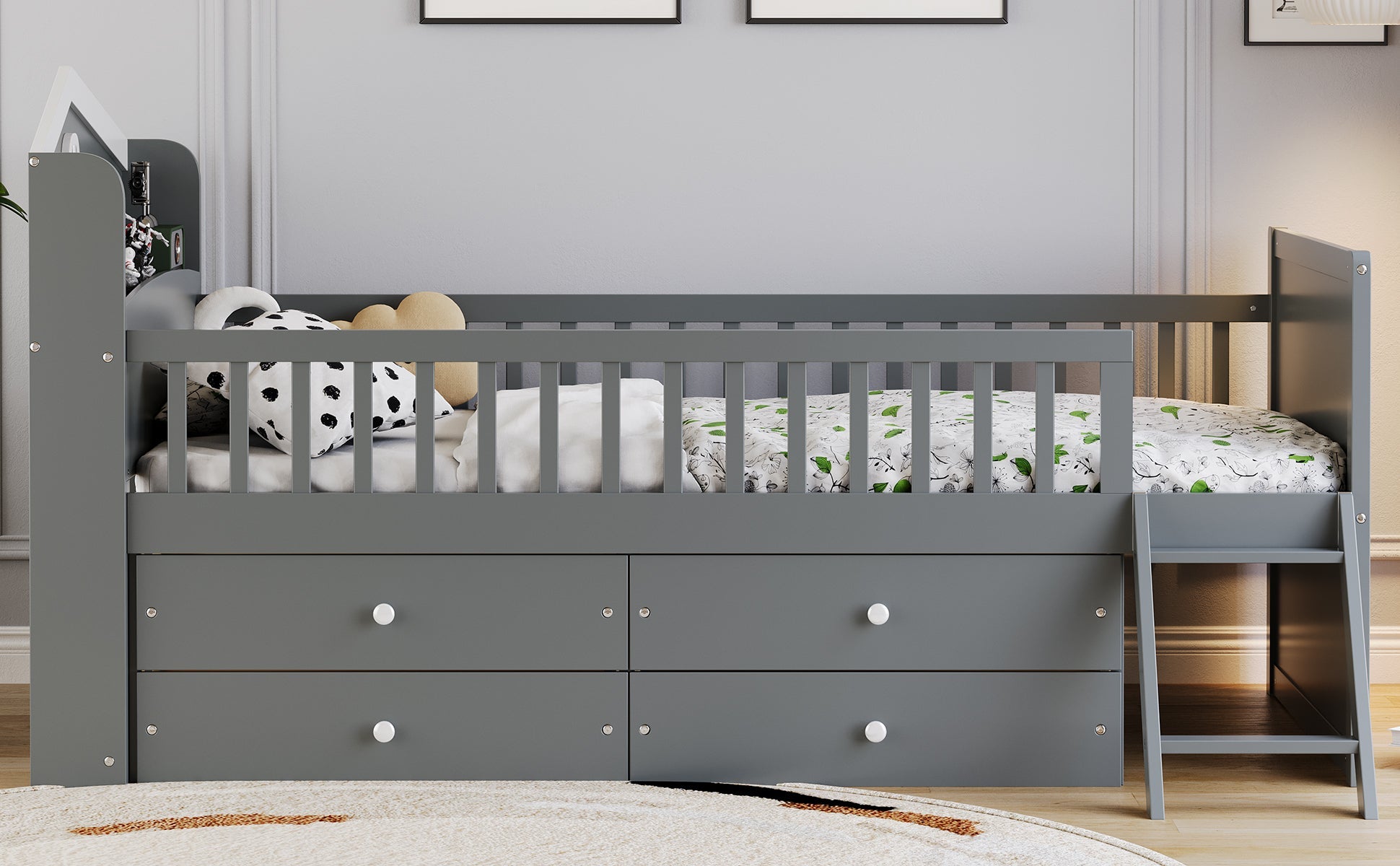 Twin Bed Frame with Storage 4 Drawers,Wooden Bed Frame for Kids,Platform Twin Size Bed with Guardrail Headboard and Ladder, No Box Spring Needed, Easy Assembly, Gray