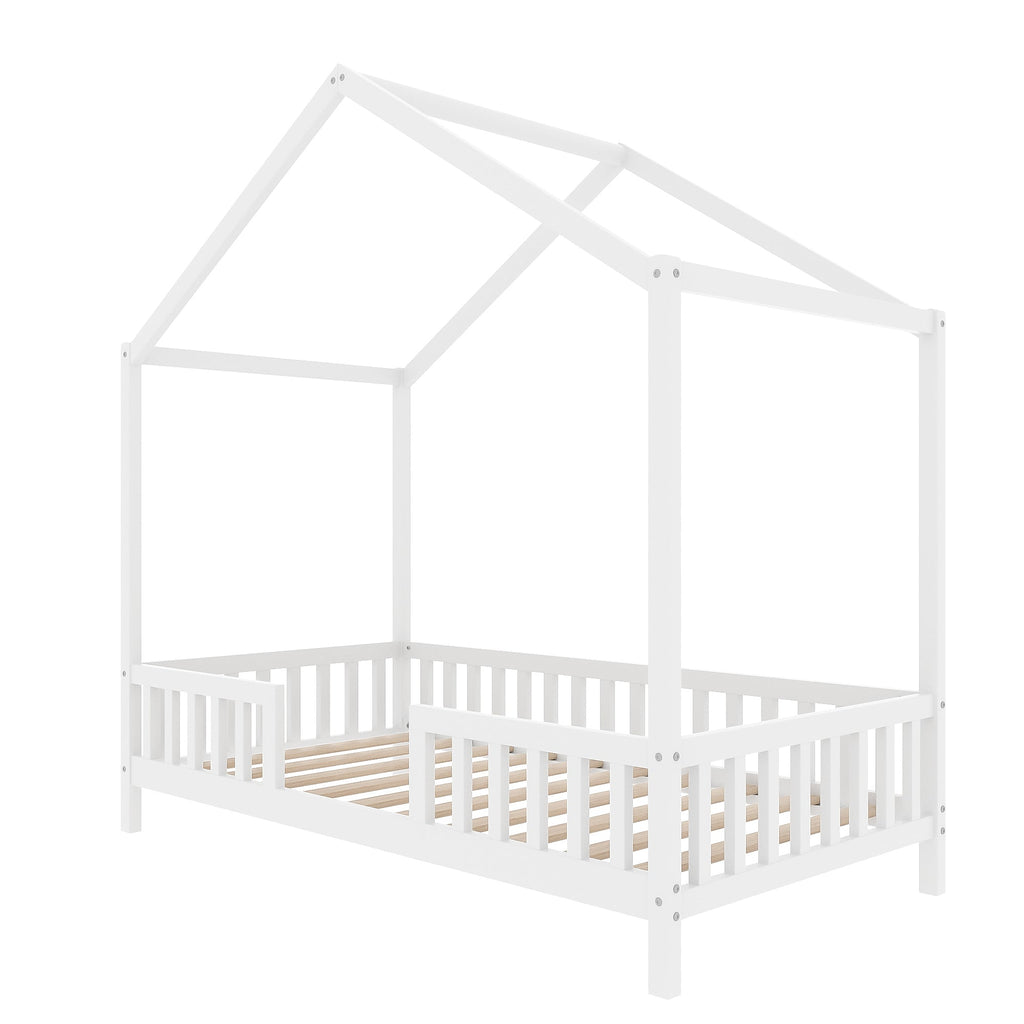 Montessori Floor Bed with Canopy, Twin Bed Frame for Kids, House Shape Kids Bed Frame with High Railings, Wood Kids Bed with Roof, Kid Twin Bed, White