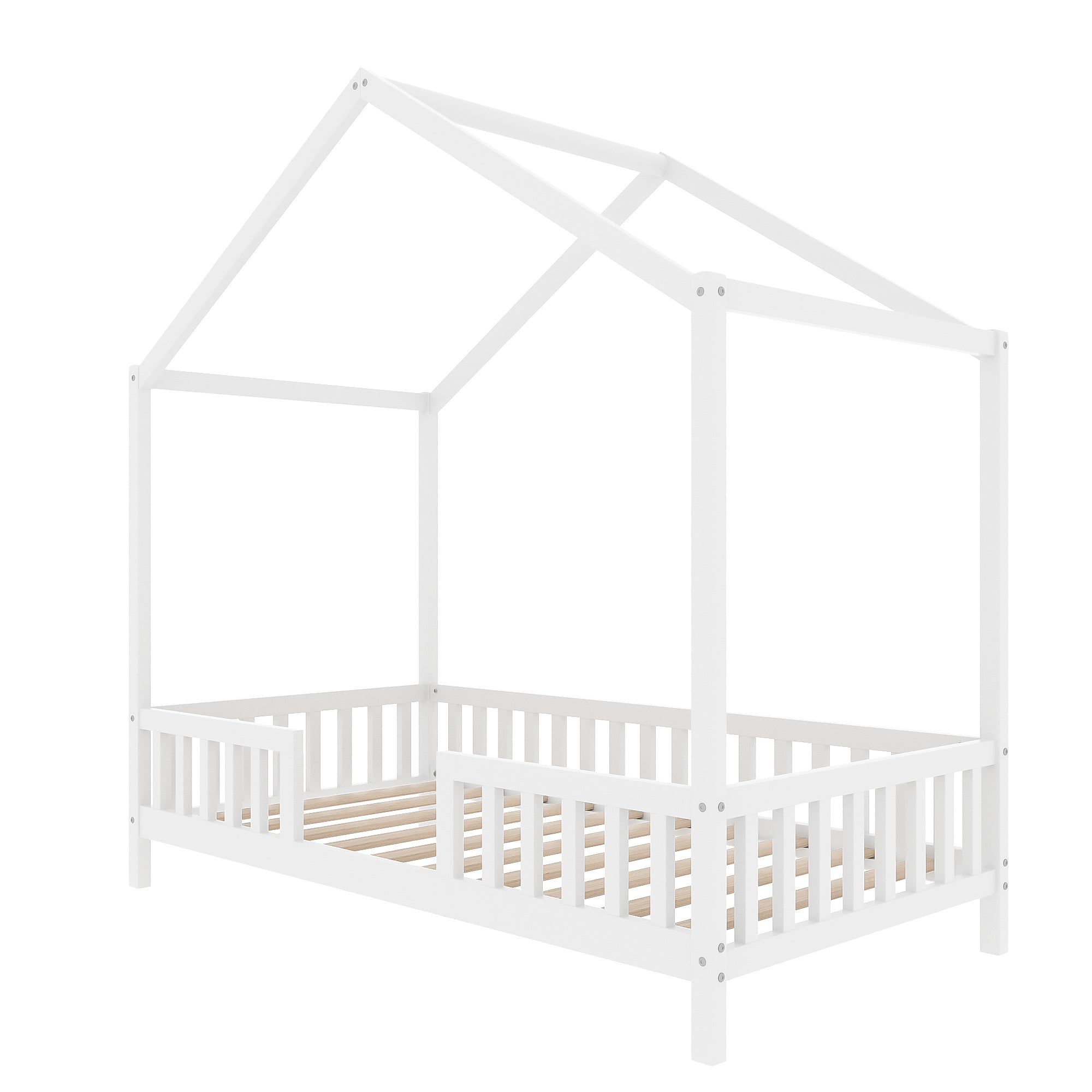 Montessori Floor Bed with Canopy, Twin Bed Frame for Kids, House Shape Kids Bed Frame with High Railings, Wood Kids Bed with Roof, Kid Twin Bed, White