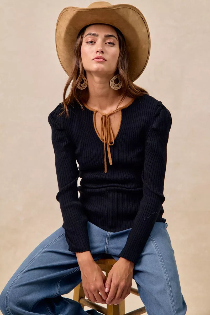 BiBi Ribbed Contrast Front Tied Top with Shrried