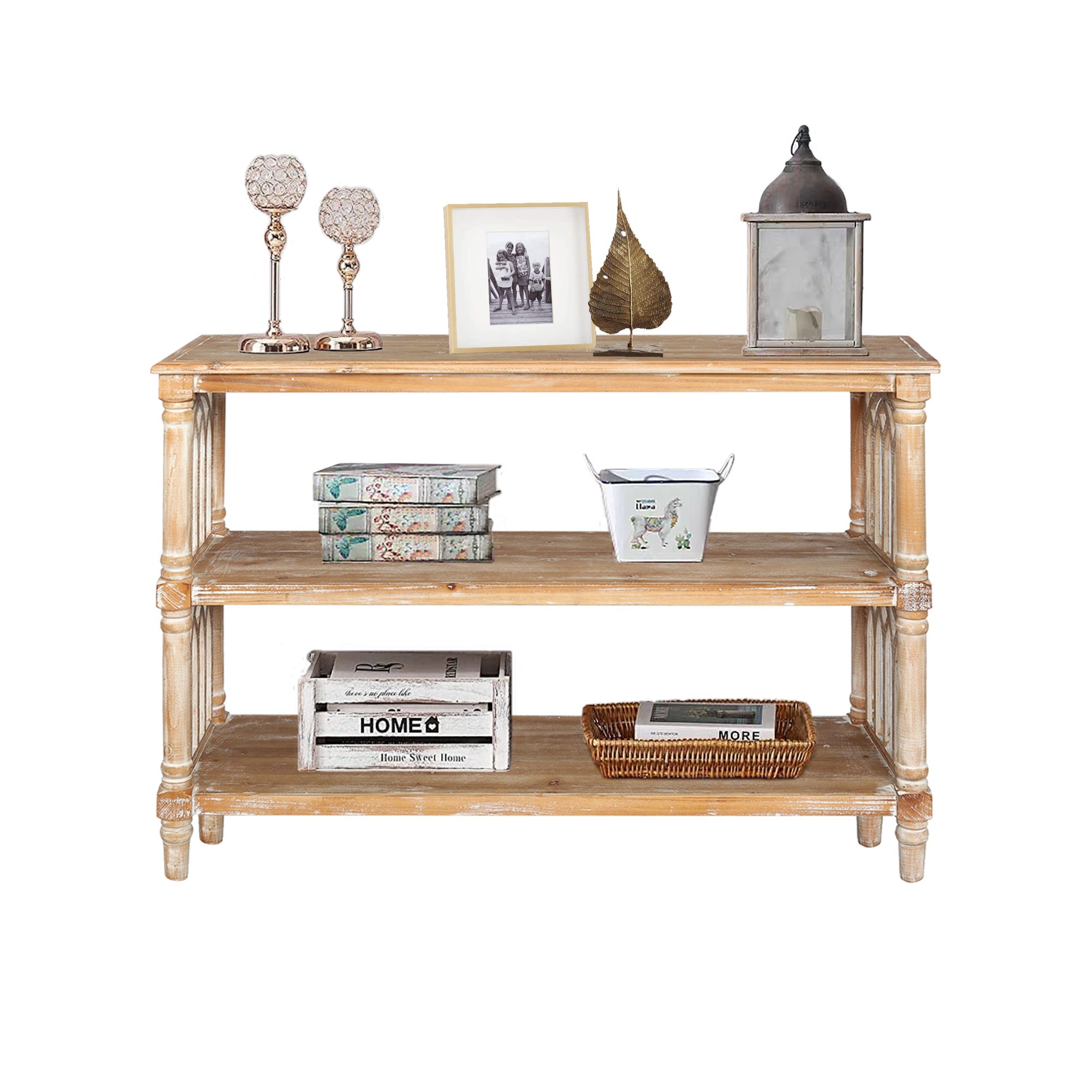 Rustic 3 - Tier Console Table with Gothic - Inspired Details, 47.24' Long Wooden Entryway Table for Living Room and Hallway
