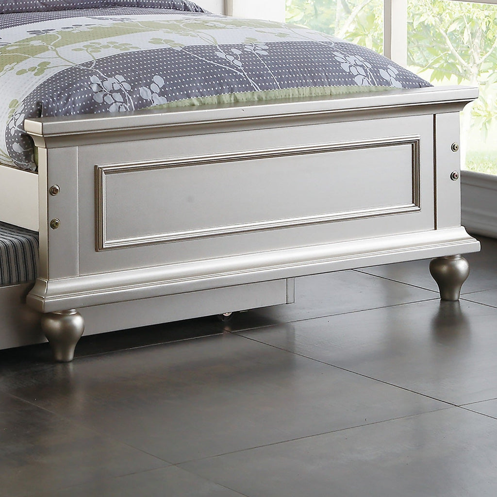 Contemporary Style Silver Twin Size Bed w/ Trundle Slats Pine Plywood Kids Youth Bedroom Furniture White Faux Leather Tufted HB