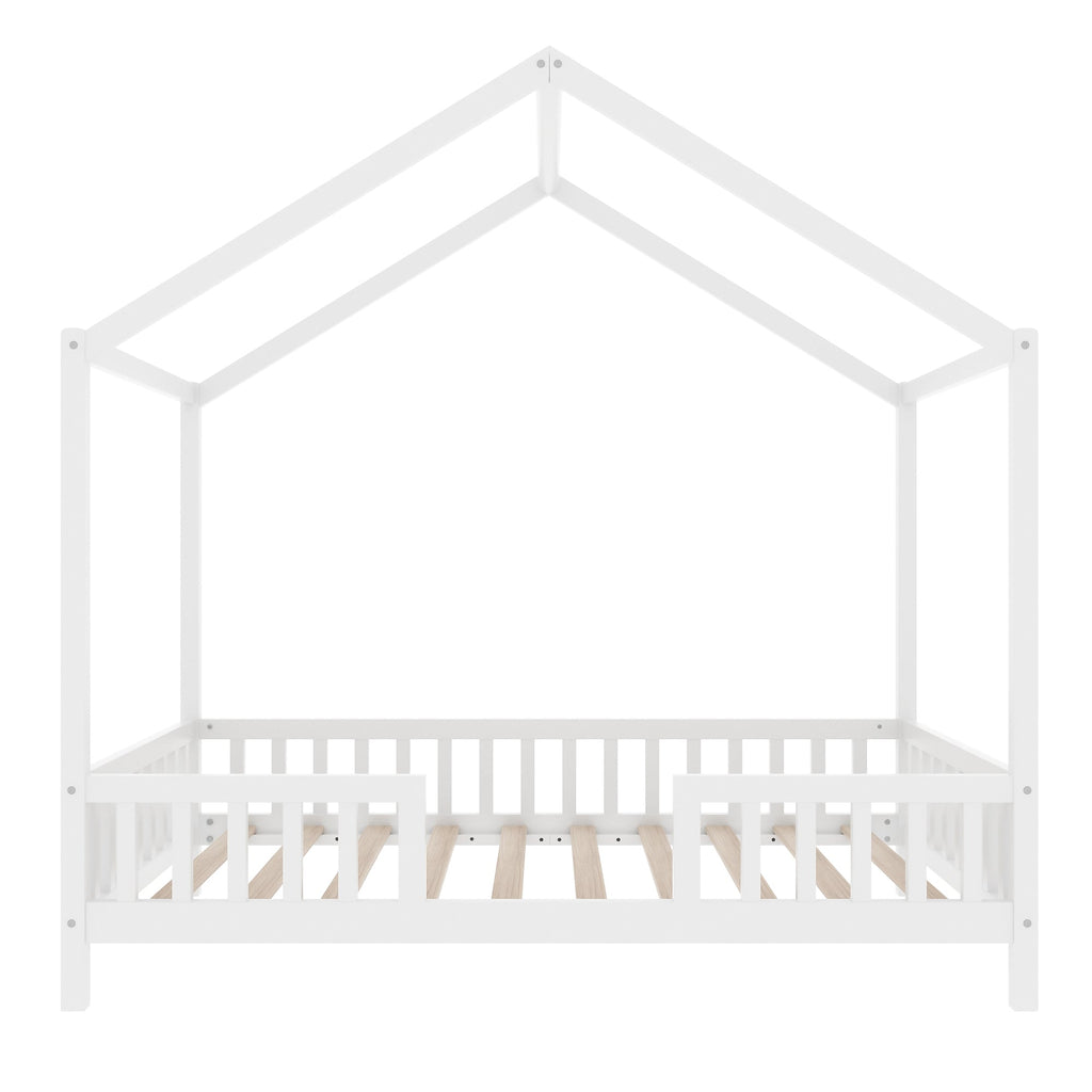 Montessori Floor Bed with Canopy, Twin Bed Frame for Kids, House Shape Kids Bed Frame with High Railings, Wood Kids Bed with Roof, Kid Twin Bed, White