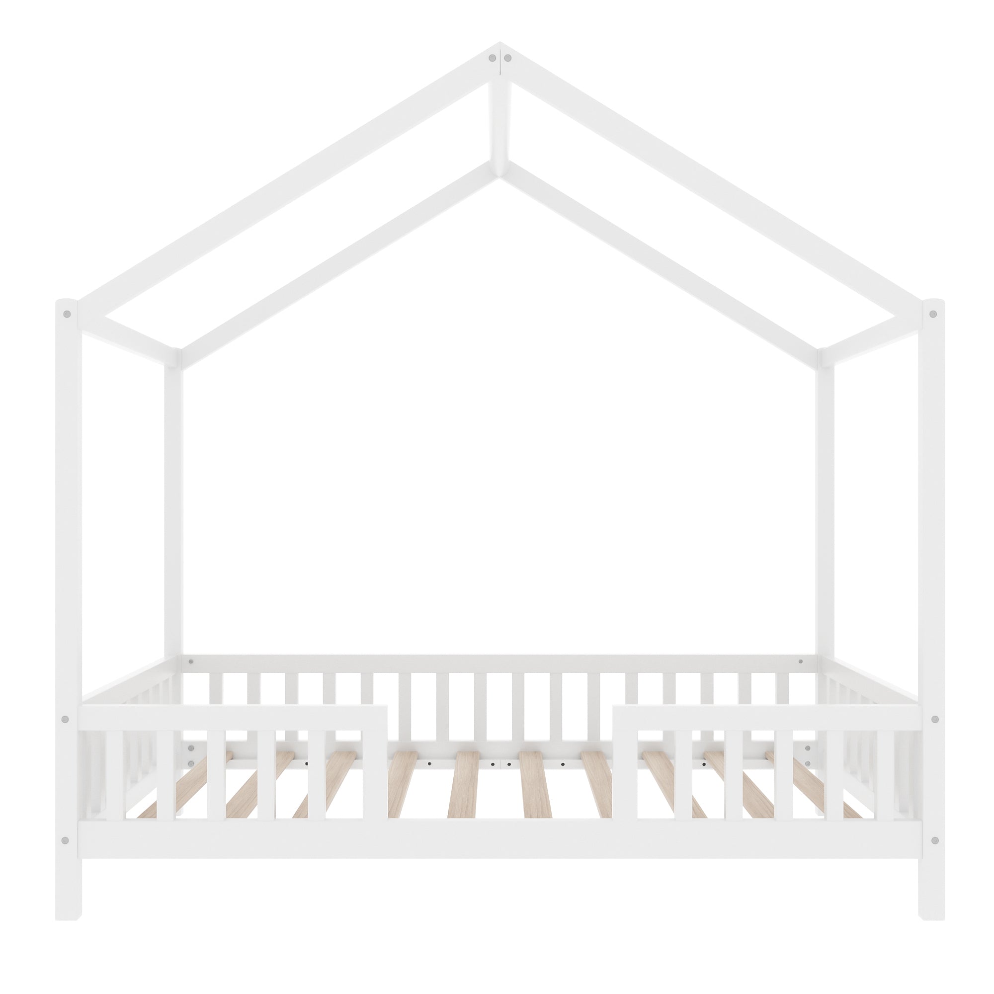 Montessori Floor Bed with Canopy, Twin Bed Frame for Kids, House Shape Kids Bed Frame with High Railings, Wood Kids Bed with Roof, Kid Twin Bed, White