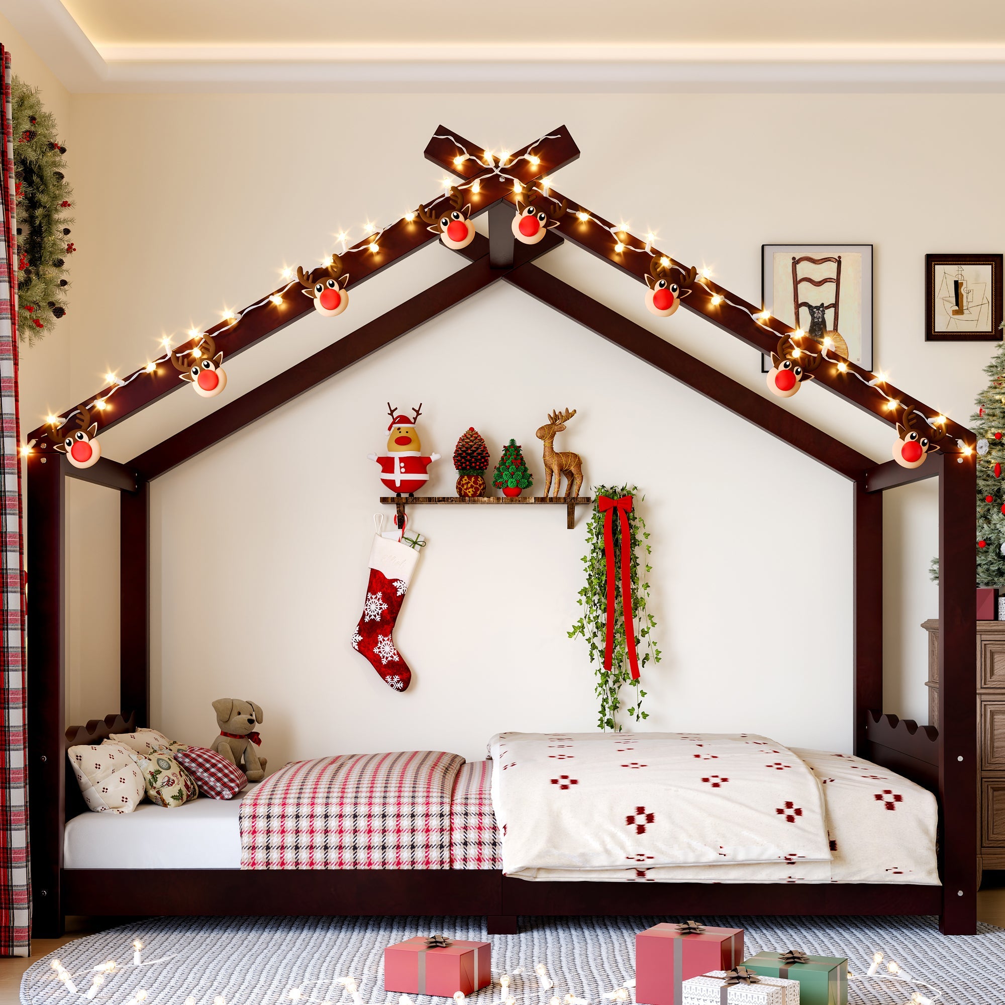 Twin House Floor Bed with Support Slats, Solid Wood House Bed Frame for Kids, No Box Spring Needed and Opening Constructure, Espresso