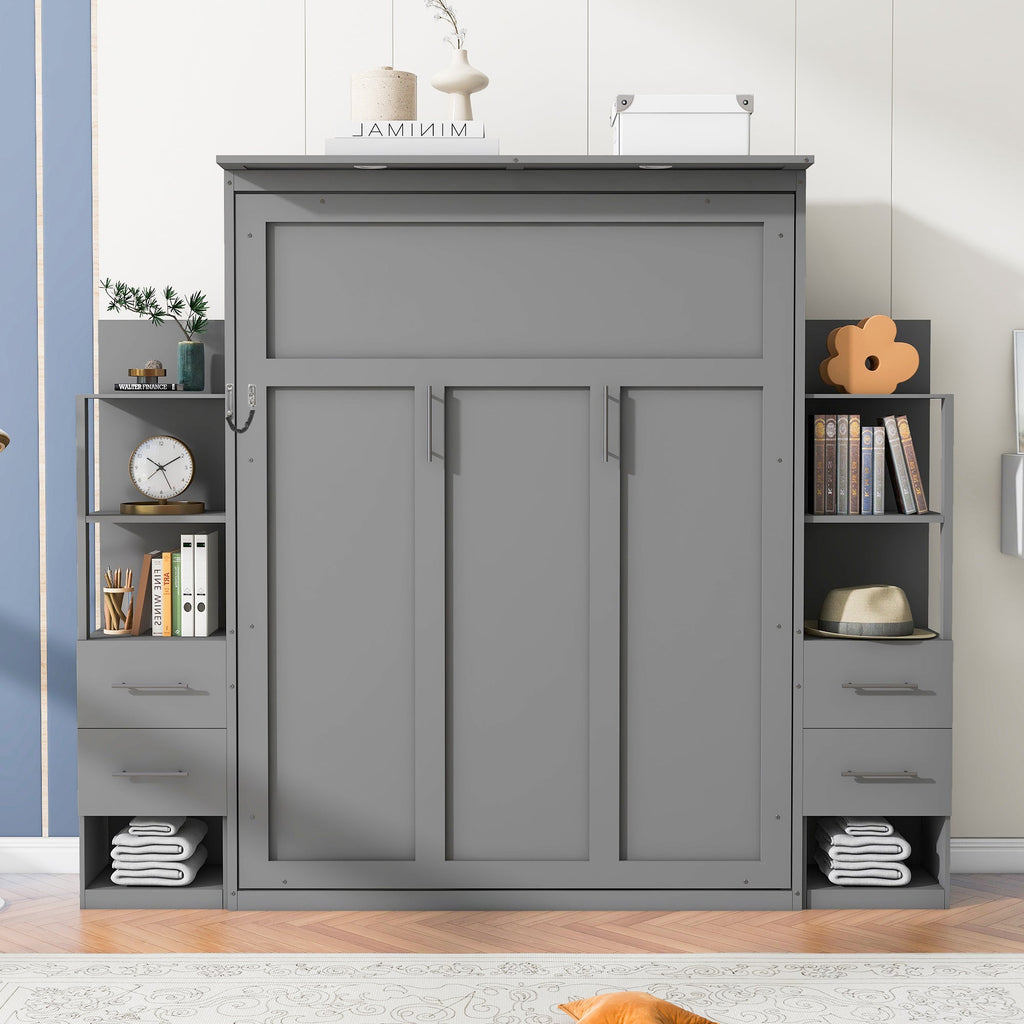 Queen Size Murphy Bed Wall Bed with Shelves, Drawers and Lights,Gray(OLD SKU:LP000566AAE-1)