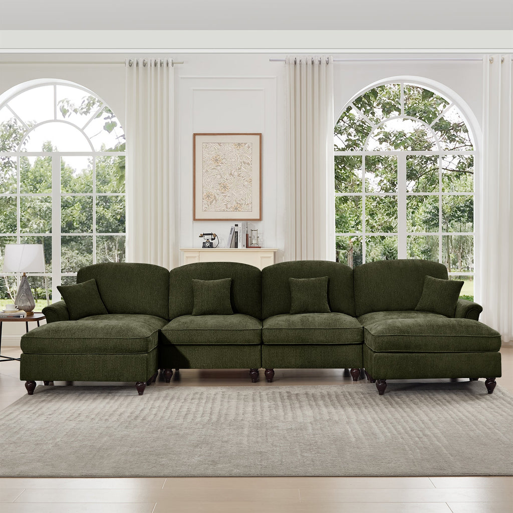 Classic U Shape 4 Seater Modular Sectional Sofa Couch with Flared Arms and Removable Ruffles Pleats Skirts and Spindle Legs, Chenille Deep Seat Cloud Sofa with Movable Ottomans, Green