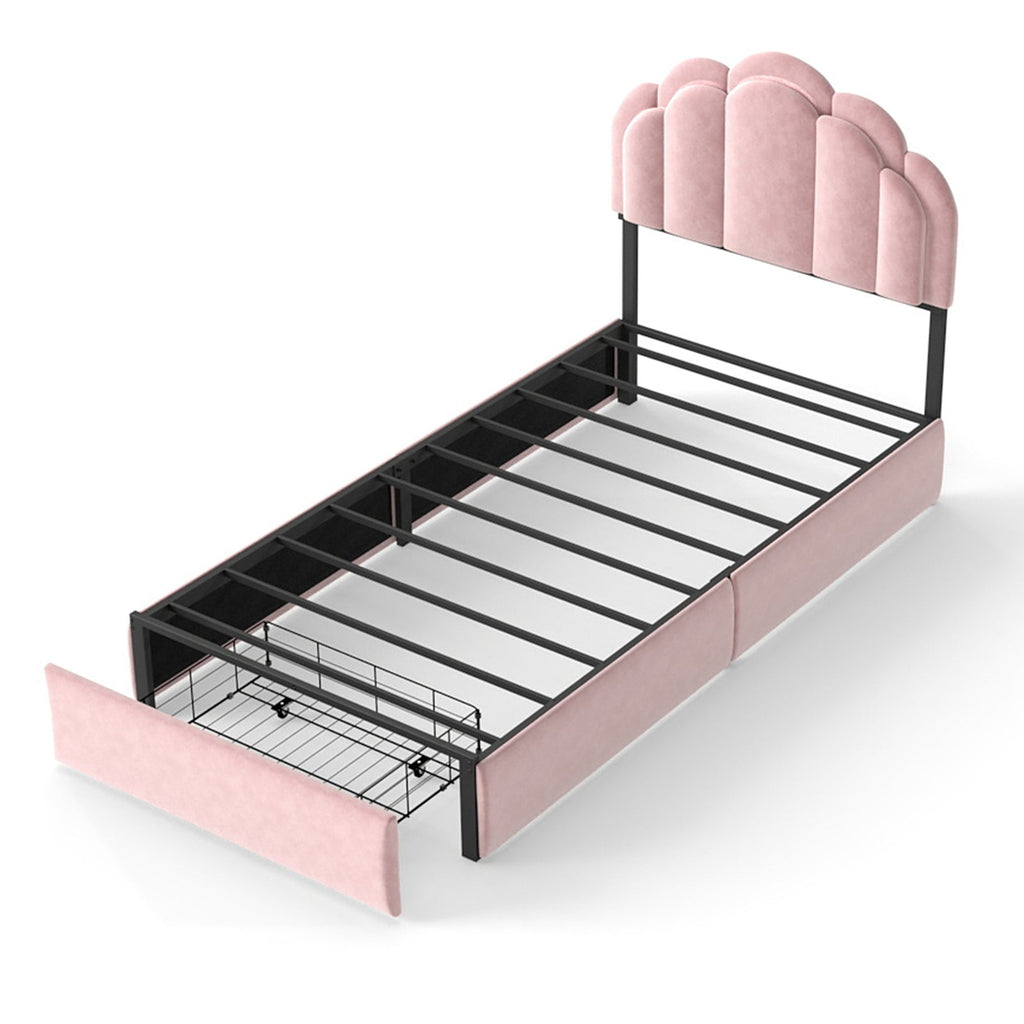 Velvet Petal Platform Bed with RGB LED Lights & Storage Drawers, Pink Wood+Metal Design, 72' L x 43' W x 39' H