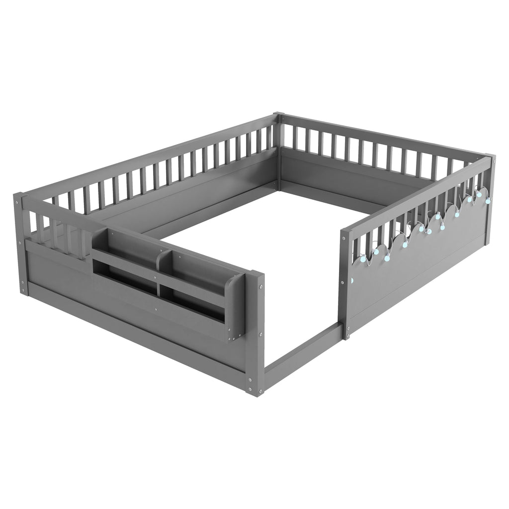Full Montessori Floor Bed Frame with High Rails, Wood Kids Floor Beds with Light and Storage Shelf, Gray(Expect Arrival Date 2025/8/15)