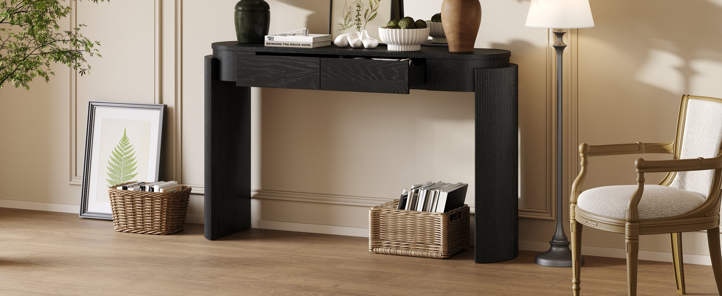 TREXM Entryway Table with Natural Wood Grain Finish, Console Table with Fluted Design, Oval Top and 2 Drawers for Entryway and Living Room (Black)